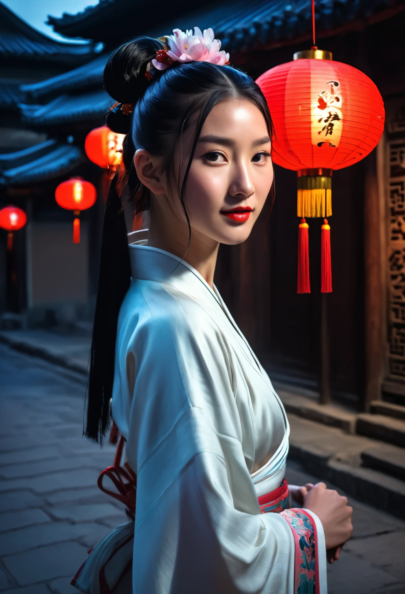 (Active attention), (in the darkness: 1 girl), Surrealist Portraits of Women by David Hockney and Alphonse Mucha, Fantasy Art, Photorealism, Dynamic Lighting, Art Station, poster, Volumetric Lighting, Very detailed faces, 4k wallpaper, Awards, 1 girl, Black ponytail, Tassel Hair Accessories, Peony Hair Accessories, Chinese Girl, smile emoticon, Dynamic perspective, White Hanfu, Half-chested and backless, Legless, Sexy, Tempting, night, lantern, Ancient Street of China, There are many pedestrians wearing Hanfu in the background, Movie Lighting，