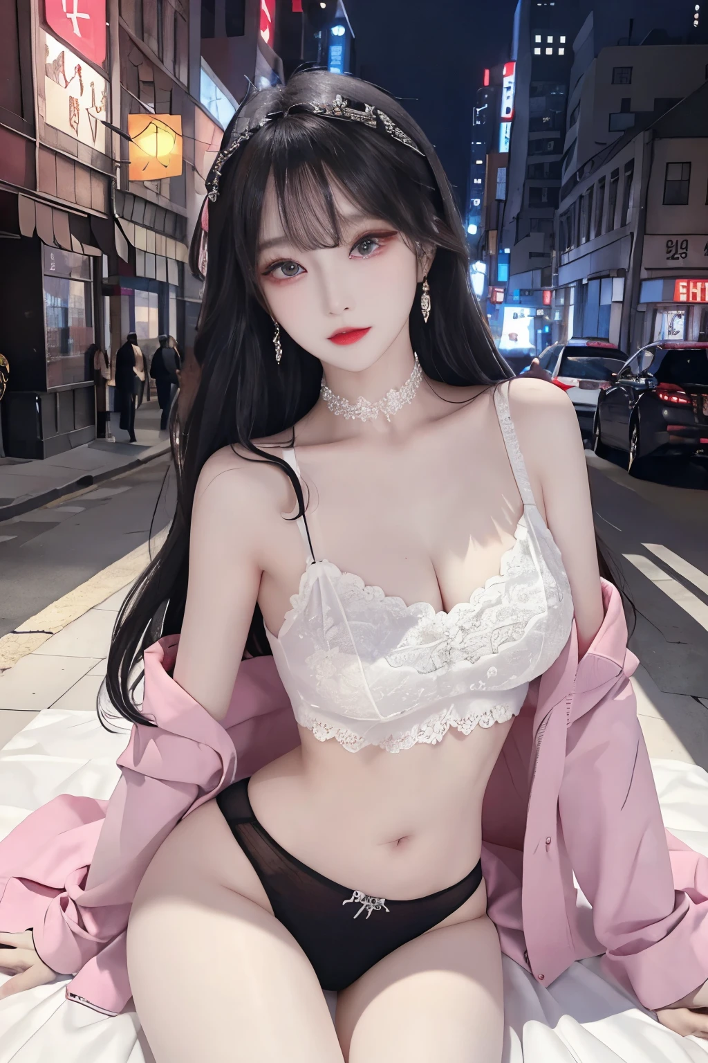 Top image quality、Raw photography、A high resolution、20-year-old cool Korean、big round chest、short thin silk coat、lace underwear、Beautiful Eyes of Details、very elongated eyes、Beautiful eyelashes、Beautiful double eyelids、eyeshadows、 wearing super tight mini boxers,long legs,medium thighs, beautiful eyes finely detailed、elongated eyes、long eyeslashes、Beautiful double eyelids、eyeshadows、earrings、shiny white skin、 red, black,