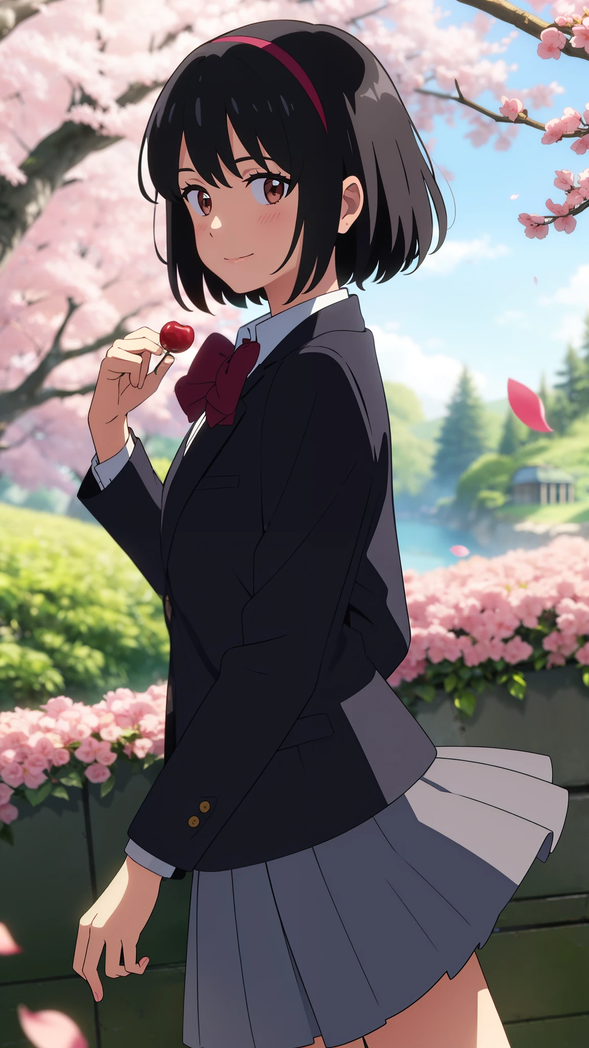 masterpiece, best quality, shinkai makoto, kimi no na wa., 1girl, bangs, black hair, blush, brown eyes, shiny skin, red headband, red bow, red ribbon, collared shirt, white shirt, black blazer, short hair, smile, cute, solo, beautiful, looking at the viewer, long sleeves, cherry_blossoms, falling_petals, petals, branch, pink_flower, blue_sky, sunlight, spring_season, wind, tree
