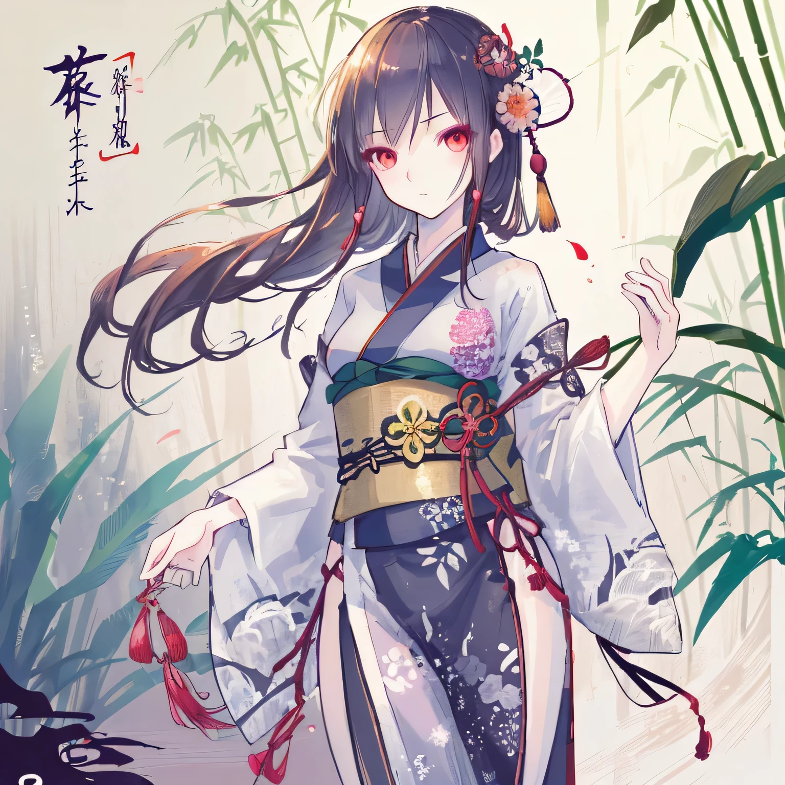 Bamboo themed artwork, ((highest quality)), High resolution, 8k, Cinematic Light, High Contrast, Written boundary depth, Strong brilliance, Detailed Background, One Girl, cute, fine grain, Shining Eyes, Detailed Iris、Solemn、Calm、Japanese style、fresh