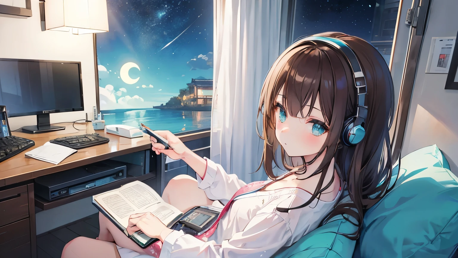 figure, Japanimation Style, super high quality, white, green, Light blue, The refreshing early summer season, night,Crescent Moon, Tokyo, Japanese, Brown Hair,、Loungewear, machine、cute, beautiful girl, Profile close-up, My Room, 壁際のmachine, Study while sitting in a chair, Hold the pen in your right hand, Looking at the notebook PC, headphone,The window is open, moonlight,Desk lamp light,machineの上にコーヒー