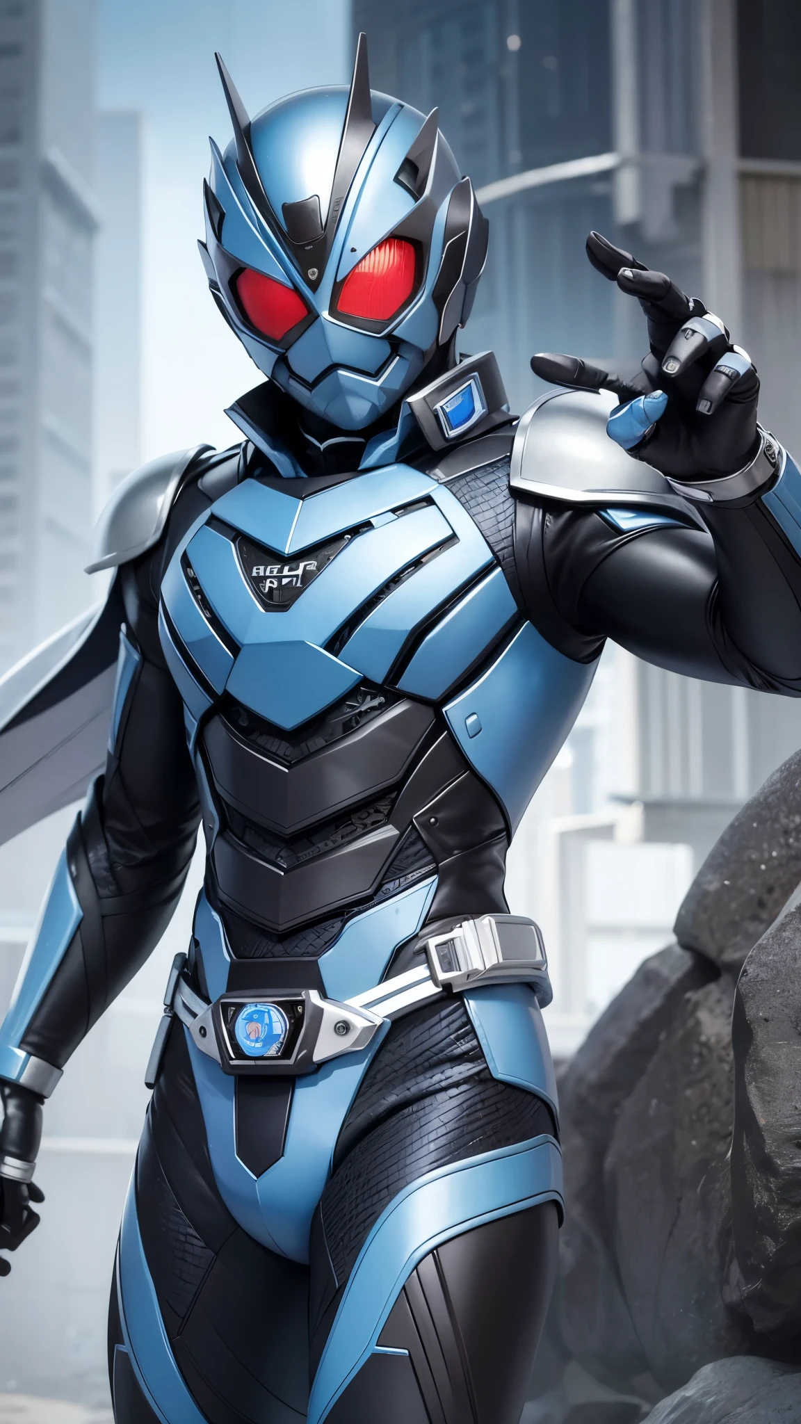 Blue Kamen Rider, silver armor, Gray and black clothes, Blue Tech Suit, 