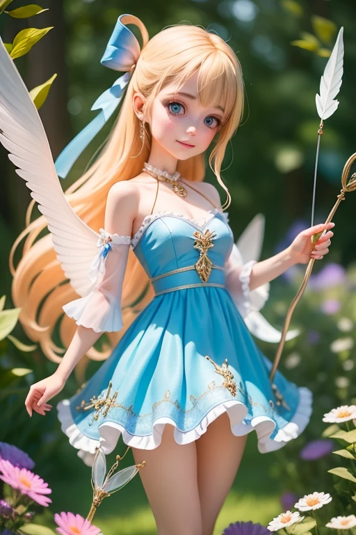 "Imagine a magical scene: Blonde Elegant Pixie, Bright blue eyes and a mysterious aura. She was wearing a delicate doll dress,The skirt flows freely on her body, Capturing the essence of femininity and fantasy. On your back, Beautiful transparent wings spread out, Reflecting sunlight,Become an ethereal work of art. Holding a bow and arrow, She is fragile,It is also strength, Elegant and clever. This magical sight transports us to a magical realm where beauty and adventure blend together, The spirits are the essence of nature in its most charming form."