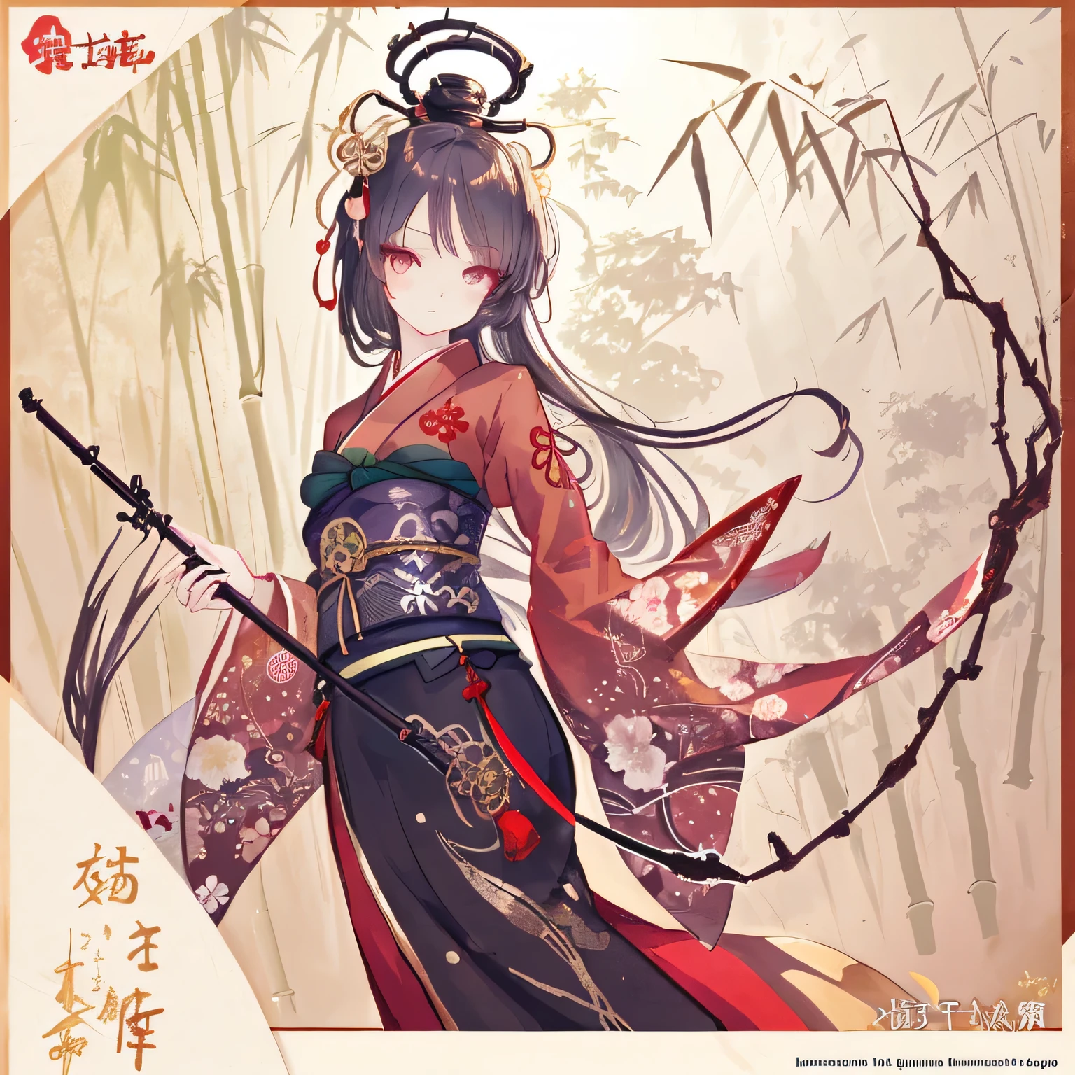 Bamboo themed artwork, ((highest quality)), High resolution, 8k, Cinematic Light, High Contrast, Written boundary depth, Strong brilliance, Detailed Background, One Girl, cute, fine grain, Shining Eyes, Detailed Iris、Solemn、Calm、Japanese style、fresh