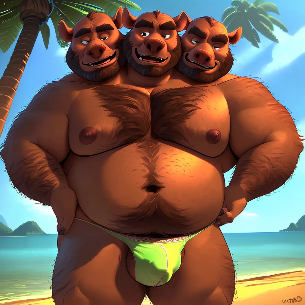 solo, two headed boar, (identical heads:1.3), (adult male, 50 year old male, (stylized 3d, by disney, by rembrandt), by pixar:1.1, by dramamine, (fat, dadbod, chubby, bald, beard, hairy, old, ugly), beach background, (thong, bulge, navel, nipples), correct eyes, correct hands, correct anatomy, (detailed eyes:1.2, cartoon eyes:1.2, small dark pupils, masculine eyes), (ultradetailed, best quality, detailed masterpiece, highly detailed masterpiece, 4k, professional cartoon:1.7), ((hands on hips:1.3, natural pose:1.3, nuanced expressions:1.3))