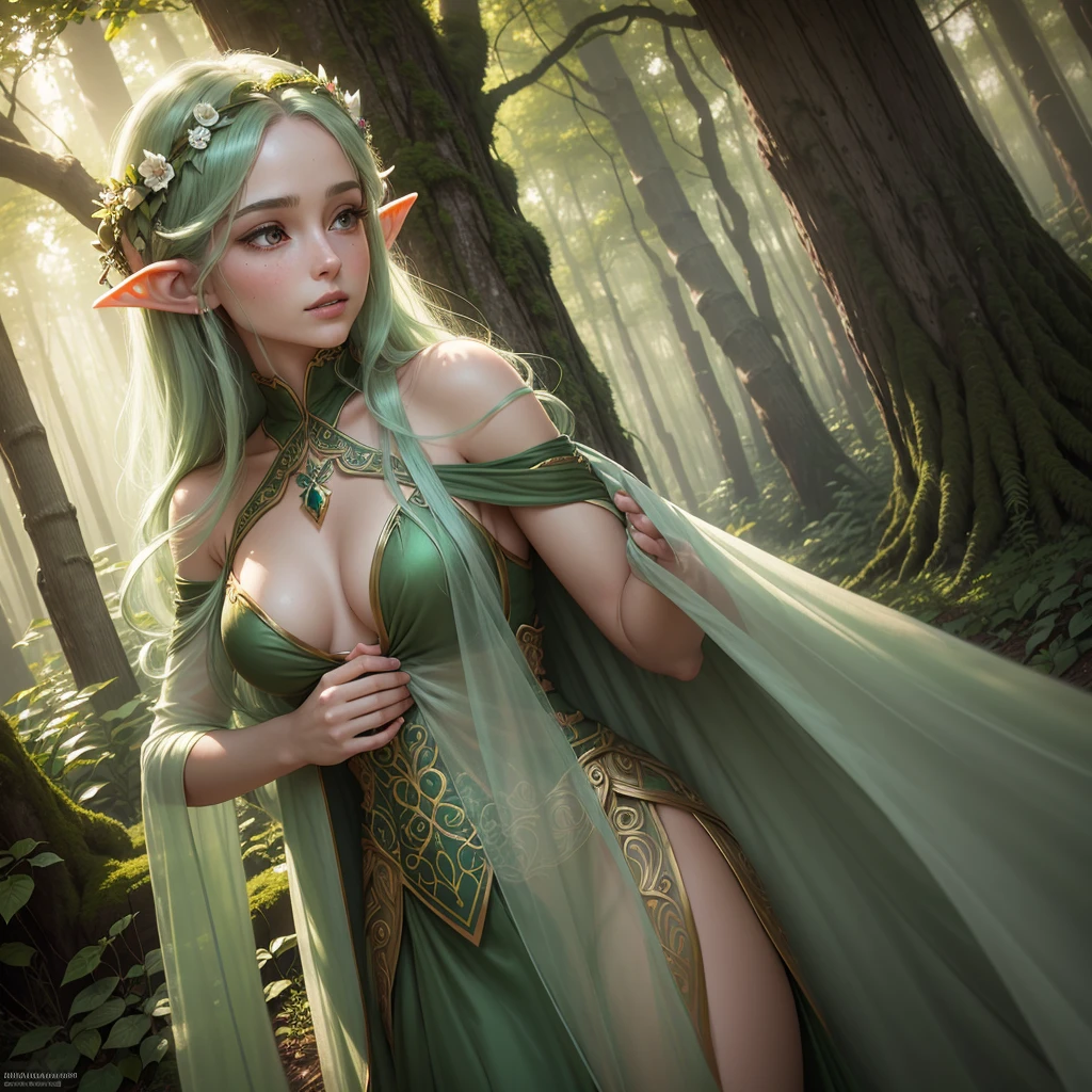 (best quality,highres), A forest elf (female, colorful tangled hair, olive skin) is (gently,calmly) stalking the viewer, peeking from around (magnificent,tall) trees and out of (lush,verdant) shrubs. (Her,The elf's) eyes, (glimmering,sparkling) with mischief, are (beautifully,delicately) detailed, revealing a sense of (curiosity,playfulness) and enchantment. Her (shapely,delicate) lips remain slightly parted as she (whisperingly,gently) observes the surroundings.
The elf's (ethereal,translucent) appearance blends seamlessly with the natural elements surrounding her. Her (silky,flowing) hair, adorned with vibrant flowers and (twisting,winding) vines, cascade down her shoulders, adding a touch of (colorful,vivid) allure to the scene. The (intricate,ornate) patterns formed by the interwoven vines and leaves reflect her close connection with the forest.
As she moves, the elf's body seems to (effortlessly,gracefully) glide through the underbrush, leaving no trace behind. (Her,The elf's) outfit consists of (delicate,gauzy) fabric adorned with intricate leaf motifs, accentuating her connection with nature. The gentle rustling of the leaves and the soft touch of the vines against her skin create a symphony of natural sounds.
The forest around her is (magical,enchanted), with rays of sunlight filtering through the canopy above, casting (dappled,ethereal) light patterns on the forest floor. The vibrant colors of the (flora,fauna) paint a breathtaking tapestry, with hues ranging from deep emerald greens to vibrant hues of blues and purples.
The air is filled with the refreshing scent of (pine,fresh foliage), adding to the immersive experience. The sounds of chirping birds and distant wildlife create a serene symphony, enhancing the ethereal atmosphere of the scene.
In this (dreamlike,mystical) forest, the elf exudes an aura of mystery and allure, as if she is a (guardian,protector) of nature's secrets. Her presence adds a touch of (magic,wonder) to the already enchanting