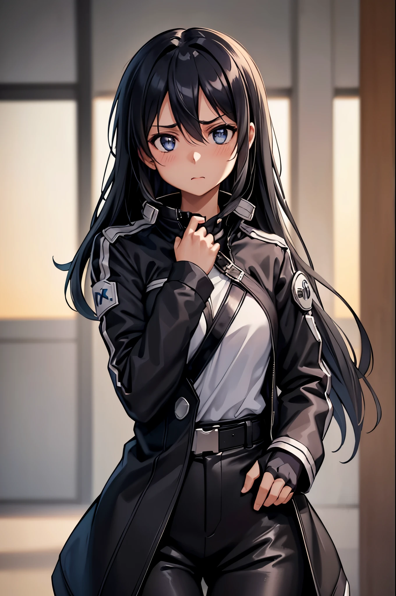 (masterpiece), best quality, expressive eyes, perfect face, highres, 1girl, solo, (female:1.5), kirito, black hair, long hair, black eyes, hair between eyes, black jacket, open jacket, black shirt, black pants, black fingerless gloves, modern city, blushing, worried face, standing, upper body shot, looking at the viewer
