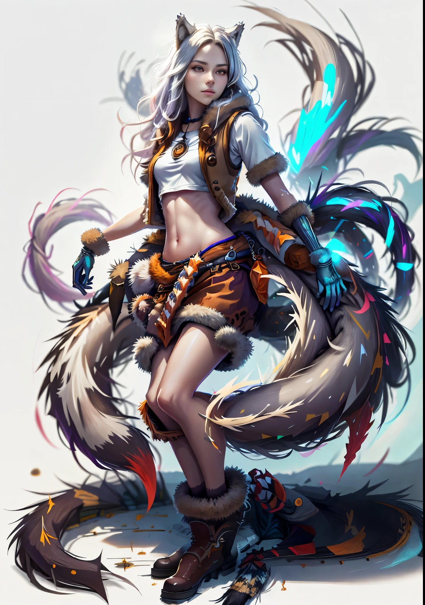 [best quality, shaded, extreme detail, highly detailed, ultra detailed, complex, realistic, perfect anatomy, full view], furry, wolf woman, fluffy fur and hair, colorful fur, fluffy tail, fur glove, fur vest , navel, short skirt, fur pencil skirt, fur tights, fur shoes,