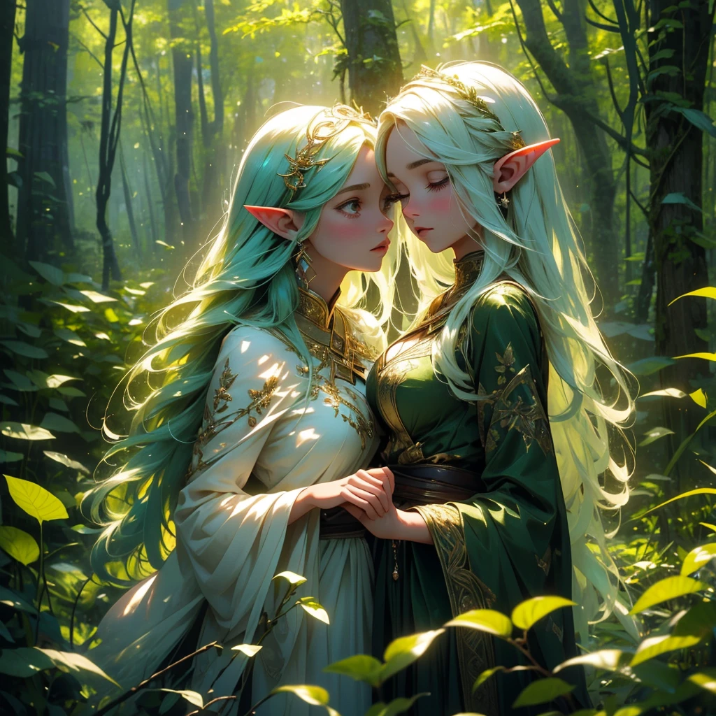 (best quality,highres), A forest elf (female, colorful tangled hair, olive skin) is (gently,calmly) stalking the viewer, peeking from around (magnificent,tall) trees and out of (lush,verdant) shrubs. (Her,The elf's) eyes, (glimmering,sparkling) with mischief, are (beautifully,delicately) detailed, revealing a sense of (curiosity,playfulness) and enchantment. Her (shapely,delicate) lips remain slightly parted as she (whisperingly,gently) observes the surroundings. The elf's (ethereal,translucent) appearance blends seamlessly with the natural elements surrounding her. Her (silky,flowing) hair, adorned with vibrant flowers and (twisting,winding) vines, cascade down her shoulders, adding a touch of (colorful,vivid) allure to the scene. The (intricate,ornate) patterns formed by the interwoven vines and leaves reflect her close connection with the forest. As she moves, the elf's body seems to (effortlessly,gracefully) glide through the underbrush, leaving no trace behind. (Her,The elf's) outfit consists of (delicate,gauzy) fabric adorned with intricate leaf motifs, accentuating her connection with nature. The gentle rustling of the leaves and the soft touch of the vines against her skin create a symphony of natural sounds. The forest around her is (magical,enchanted), with rays of sunlight filtering through the canopy above, casting (dappled,ethereal) light patterns on the forest floor. The vibrant colors of the (flora,fauna) paint a breathtaking tapestry, with hues ranging from deep emerald greens to vibrant hues of blues and purples. The air is filled with the refreshing scent of (pine,fresh foliage), adding to the immersive experience. The sounds of chirping birds and distant wildlife create a serene symphony, enhancing the ethereal atmosphere of the scene. In this (dreamlike,mystical) forest, the elf exudes an aura of mystery and allure, as if she is a (guardian,protector) of nature's secrets. Her presence adds a touch of (magic,wonder) to the already enchanting