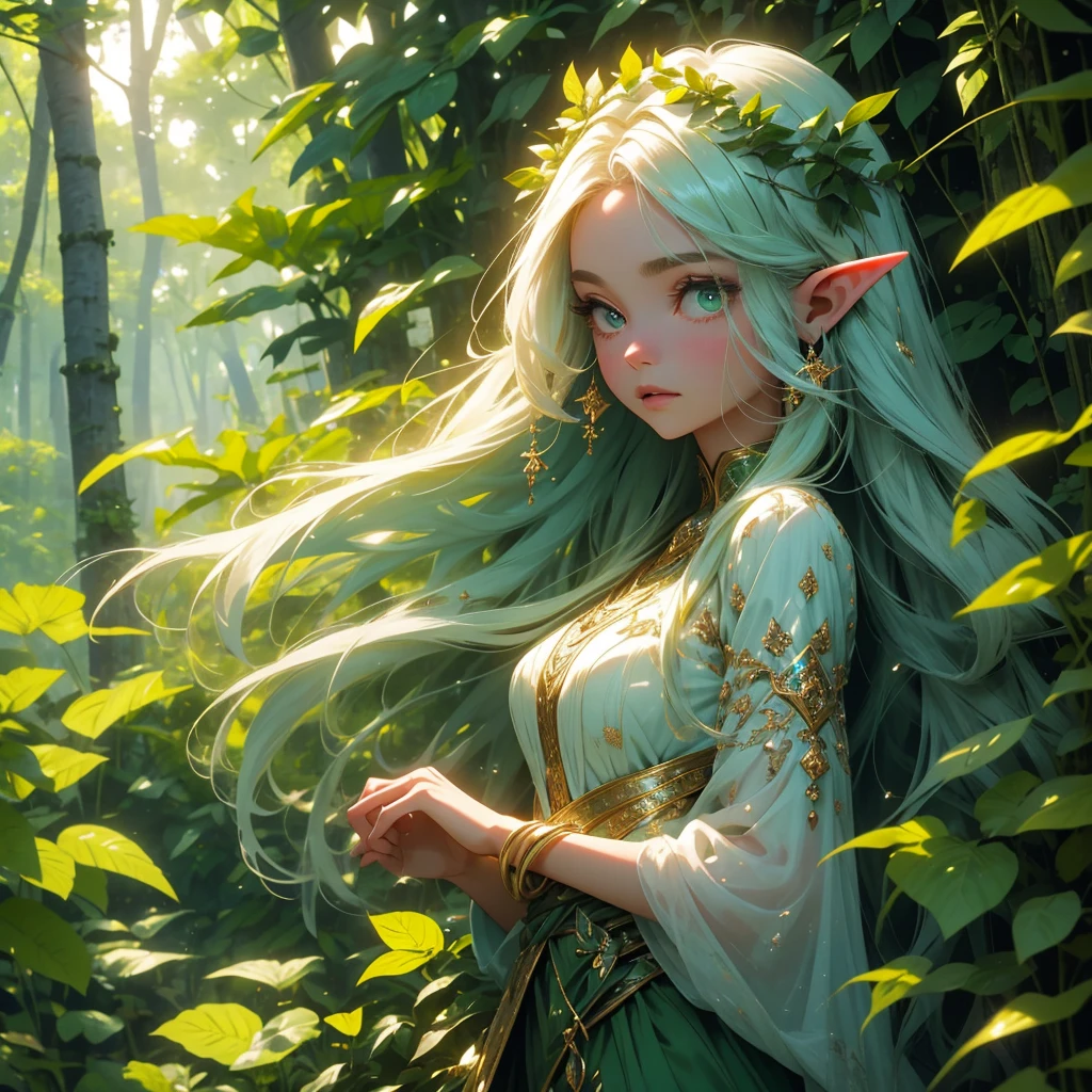 (best quality,highres), A forest elf (female, colorful tangled hair, olive skin) is (gently,calmly) stalking the viewer, peeking from around (magnificent,tall) trees and out of (lush,verdant) shrubs. (Her,The elf's) eyes, (glimmering,sparkling) with mischief, are (beautifully,delicately) detailed, revealing a sense of (curiosity,playfulness) and enchantment. Her (shapely,delicate) lips remain slightly parted as she (whisperingly,gently) observes the surroundings. The elf's (ethereal,translucent) appearance blends seamlessly with the natural elements surrounding her. Her (silky,flowing) hair, adorned with vibrant flowers and (twisting,winding) vines, cascade down her shoulders, adding a touch of (colorful,vivid) allure to the scene. The (intricate,ornate) patterns formed by the interwoven vines and leaves reflect her close connection with the forest. As she moves, the elf's body seems to (effortlessly,gracefully) glide through the underbrush, leaving no trace behind. (Her,The elf's) outfit consists of (delicate,gauzy) fabric adorned with intricate leaf motifs, accentuating her connection with nature. The gentle rustling of the leaves and the soft touch of the vines against her skin create a symphony of natural sounds. The forest around her is (magical,enchanted), with rays of sunlight filtering through the canopy above, casting (dappled,ethereal) light patterns on the forest floor. The vibrant colors of the (flora,fauna) paint a breathtaking tapestry, with hues ranging from deep emerald greens to vibrant hues of blues and purples. The air is filled with the refreshing scent of (pine,fresh foliage), adding to the immersive experience. The sounds of chirping birds and distant wildlife create a serene symphony, enhancing the ethereal atmosphere of the scene. In this (dreamlike,mystical) forest, the elf exudes an aura of mystery and allure, as if she is a (guardian,protector) of nature's secrets. Her presence adds a touch of (magic,wonder) to the already enchanting