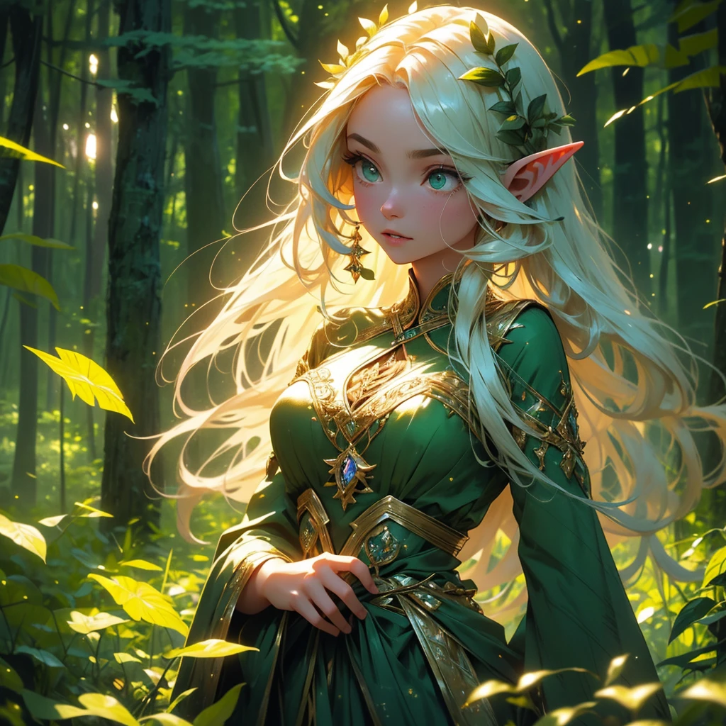 (best quality,highres), A forest elf (female, colorful tangled hair, olive skin) is (gently,calmly) stalking the viewer, peeking from around (magnificent,tall) trees and out of (lush,verdant) shrubs. (Her,The elf's) eyes, (glimmering,sparkling) with mischief, are (beautifully,delicately) detailed, revealing a sense of (curiosity,playfulness) and enchantment. Her (shapely,delicate) lips remain slightly parted as she (whisperingly,gently) observes the surroundings. The elf's (ethereal,translucent) appearance blends seamlessly with the natural elements surrounding her. Her (silky,flowing) hair, adorned with vibrant flowers and (twisting,winding) vines, cascade down her shoulders, adding a touch of (colorful,vivid) allure to the scene. The (intricate,ornate) patterns formed by the interwoven vines and leaves reflect her close connection with the forest. As she moves, the elf's body seems to (effortlessly,gracefully) glide through the underbrush, leaving no trace behind. (Her,The elf's) outfit consists of (delicate,gauzy) fabric adorned with intricate leaf motifs, accentuating her connection with nature. The gentle rustling of the leaves and the soft touch of the vines against her skin create a symphony of natural sounds. The forest around her is (magical,enchanted), with rays of sunlight filtering through the canopy above, casting (dappled,ethereal) light patterns on the forest floor. The vibrant colors of the (flora,fauna) paint a breathtaking tapestry, with hues ranging from deep emerald greens to vibrant hues of blues and purples. The air is filled with the refreshing scent of (pine,fresh foliage), adding to the immersive experience. The sounds of chirping birds and distant wildlife create a serene symphony, enhancing the ethereal atmosphere of the scene. In this (dreamlike,mystical) forest, the elf exudes an aura of mystery and allure, as if she is a (guardian,protector) of nature's secrets. Her presence adds a touch of (magic,wonder) to the already enchanting