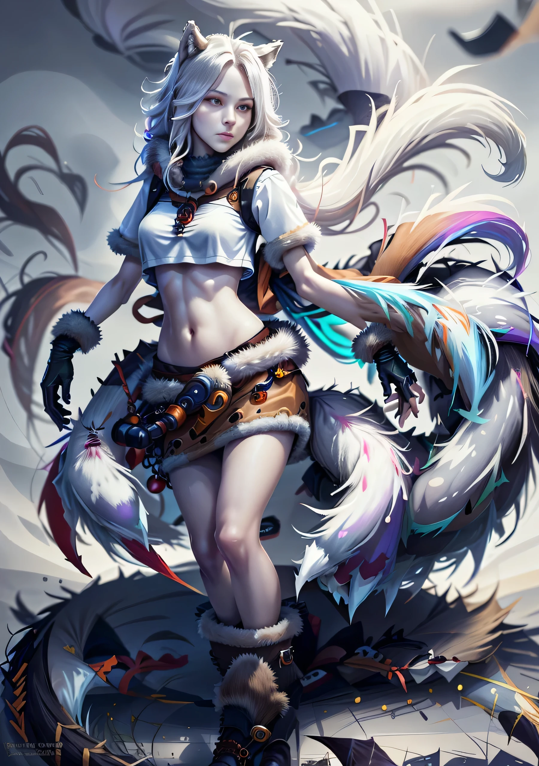 [best quality, shaded, extreme detail, highly detailed, ultra detailed, complex, realistic, perfect anatomy, full view], furry, wolf woman, fluffy fur and hair, colorful fur, fluffy tail, fur glove, fur vest , navel, short skirt, fur pencil skirt, fur tights, fur shoes,