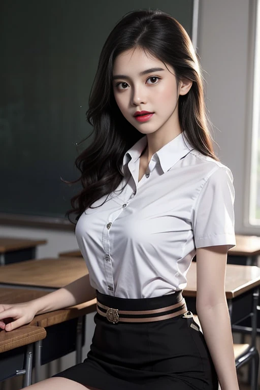 (8k, best quality, Masterpiece, very high:1.2) Photo of a beautiful Japanese girl, Beautiful and charming with contemporary fashion paintings as well..., looking at the audience, ((in the classroom background)), (1  Girl),(black short skirt), (white short sleeve shirt, Revealing a little breast.), ((black short pencil skirt)), sugar belt, ((Put your hands down.)),blonde hair, ผมปาbirdลาง, bird&#39;The eyes of a beautiful woman, realistic skin texture, look up, round chin, Art lens 85mm, F 1. 2, Sharp focus, High resolution 8K, Crazy details, complicated, elegant, big breasts, dynamic gesture, big breasts,
