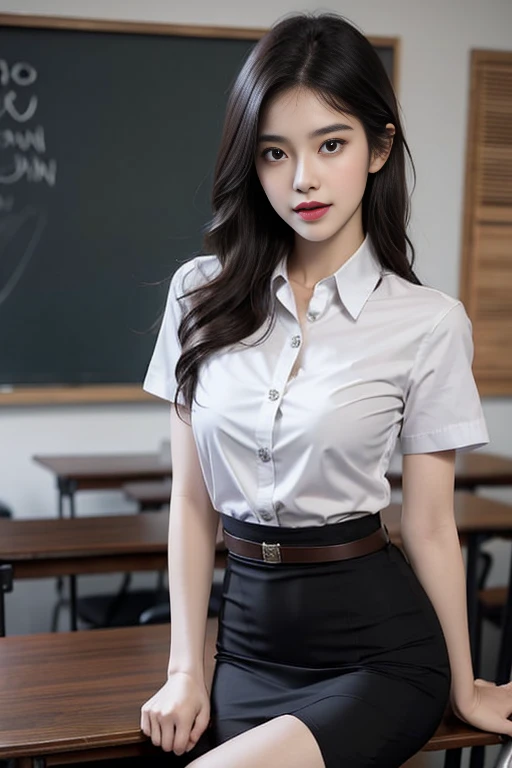 (8k, best quality, Masterpiece, very high:1.2) Photo of a beautiful Japanese girl, Beautiful and charming with contemporary fashion paintings as well..., looking at the audience, ((in the classroom background)), (1 Teen Girl),(black short skirt), (white short sleeve shirt, Revealing a little breast.), ((black short pencil skirt)), sugar belt, ((Put your hands down.)),blonde hair, ผมปาbirdลาง, bird'The eyes of a beautiful woman, realistic skin texture, look up, round chin, Art lens 85mm, F 1. 2, Sharp focus, High resolution 8K, Crazy details, complicated, elegant, big breasts, dynamic gesture, big breasts,