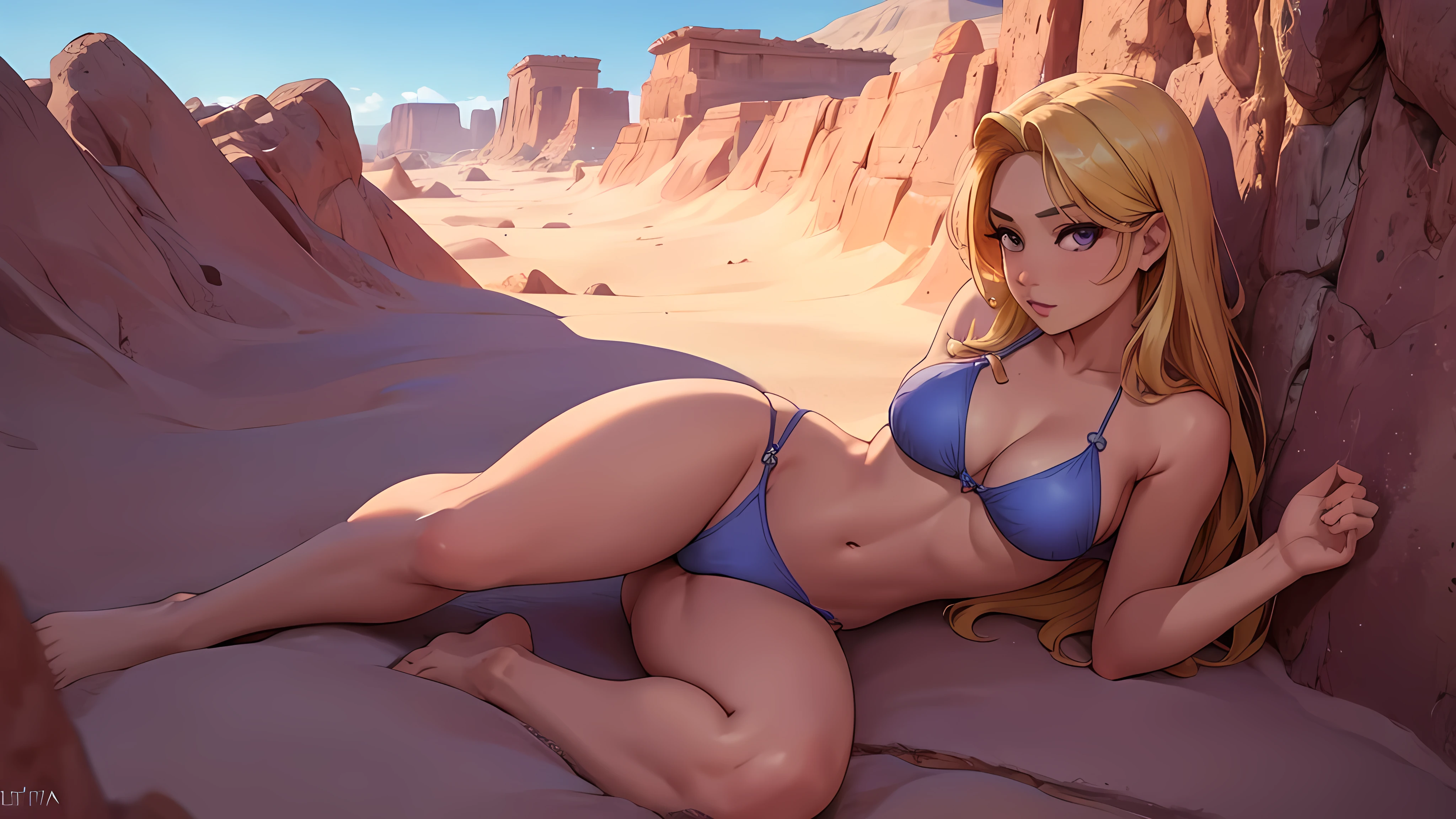 chica en bikini violeta en el medio del desierto. paisaje hermoso. obra maestra