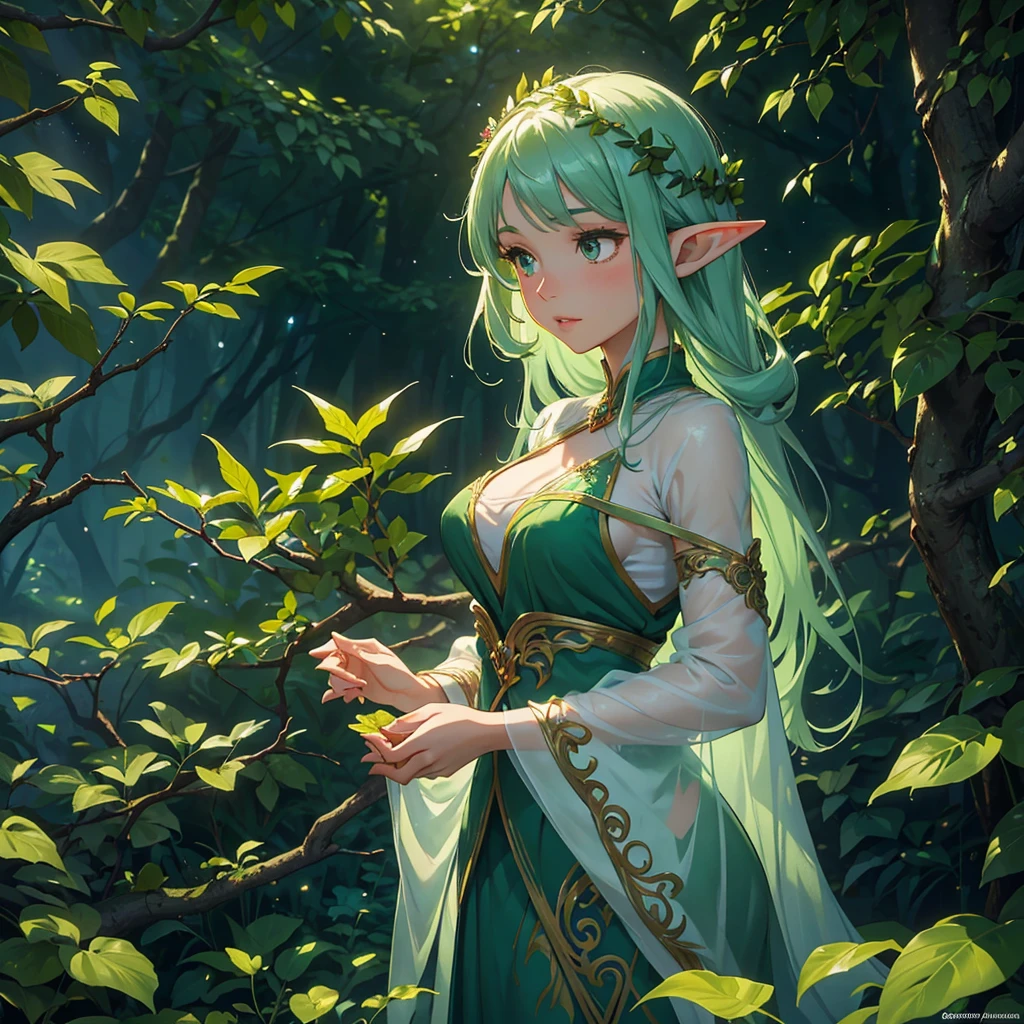 (best quality,highres), A forest elf (female, colorful tangled hair, olive skin) is (gently,calmly) stalking the viewer, peeking from around (magnificent,tall) trees and out of (lush,verdant) shrubs. (Her,The elf's) eyes, (glimmering,sparkling) with mischief, are (beautifully,delicately) detailed, revealing a sense of (curiosity,playfulness) and enchantment. Her (shapely,delicate) lips remain slightly parted as she (whisperingly,gently) observes the surroundings. The elf's (ethereal,translucent) appearance blends seamlessly with the natural elements surrounding her. Her (silky,flowing) hair, adorned with vibrant flowers and (twisting,winding) vines, cascade down her shoulders, adding a touch of (colorful,vivid) allure to the scene. The (intricate,ornate) patterns formed by the interwoven vines and leaves reflect her close connection with the forest. As she moves, the elf's body seems to (effortlessly,gracefully) glide through the underbrush, leaving no trace behind. (Her,The elf's) outfit consists of (delicate,gauzy) fabric adorned with intricate leaf motifs, accentuating her connection with nature. The gentle rustling of the leaves and the soft touch of the vines against her skin create a symphony of natural sounds. The forest around her is (magical,enchanted), with rays of sunlight filtering through the canopy above, casting (dappled,ethereal) light patterns on the forest floor. The vibrant colors of the (flora,fauna) paint a breathtaking tapestry, with hues ranging from deep emerald greens to vibrant hues of blues and purples. The air is filled with the refreshing scent of (pine,fresh foliage), adding to the immersive experience. The sounds of chirping birds and distant wildlife create a serene symphony, enhancing the ethereal atmosphere of the scene. In this (dreamlike,mystical) forest, the elf exudes an aura of mystery and allure, as if she is a (guardian,protector) of nature's secrets. Her presence adds a touch of (magic,wonder) to the already enchanting