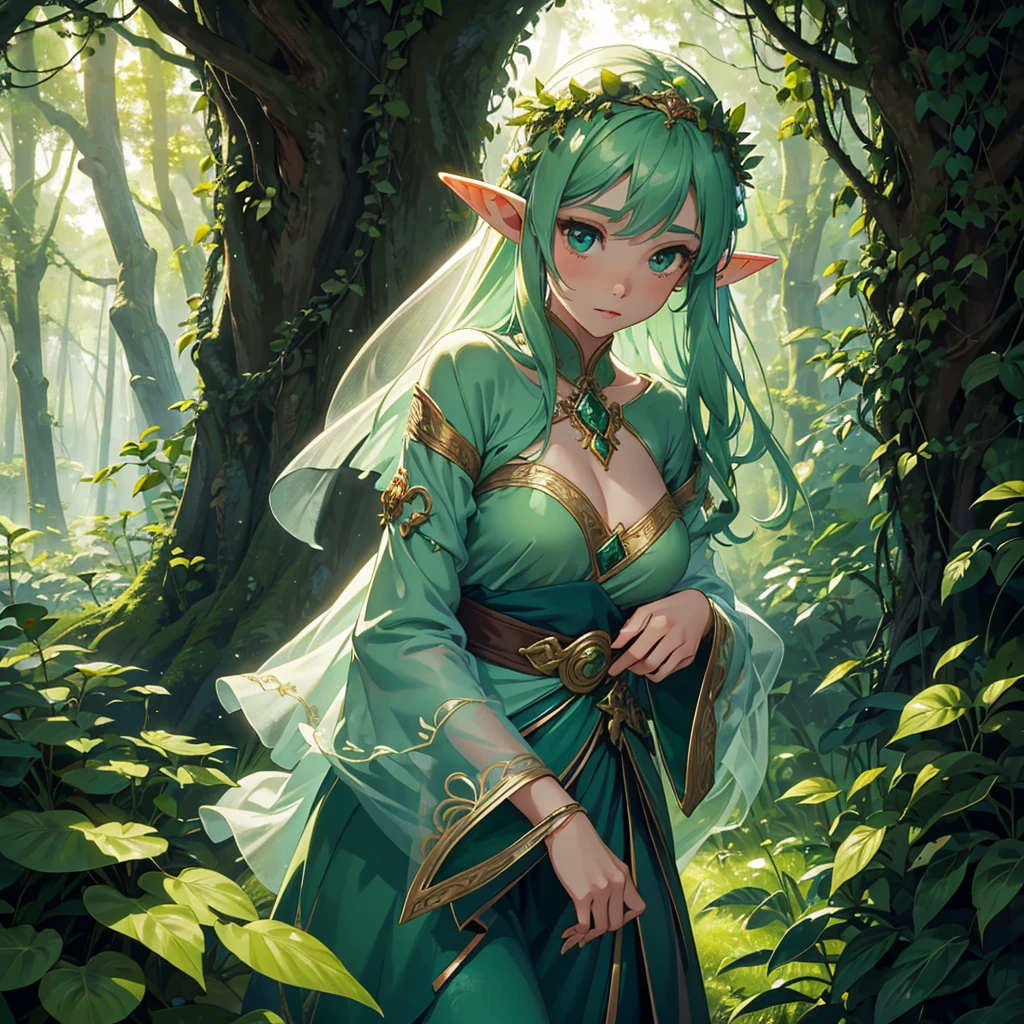 (best quality,highres), A forest elf (female, colorful tangled hair, olive skin) is (gently,calmly) stalking the viewer, peeking from around (magnificent,tall) trees and out of (lush,verdant) shrubs. (Her,The elf's) eyes, (glimmering,sparkling) with mischief, are (beautifully,delicately) detailed, revealing a sense of (curiosity,playfulness) and enchantment. Her (shapely,delicate) lips remain slightly parted as she (whisperingly,gently) observes the surroundings. The elf's (ethereal,translucent) appearance blends seamlessly with the natural elements surrounding her. Her (silky,flowing) hair, adorned with vibrant flowers and (twisting,winding) vines, cascade down her shoulders, adding a touch of (colorful,vivid) allure to the scene. The (intricate,ornate) patterns formed by the interwoven vines and leaves reflect her close connection with the forest. As she moves, the elf's body seems to (effortlessly,gracefully) glide through the underbrush, leaving no trace behind. (Her,The elf's) outfit consists of (delicate,gauzy) fabric adorned with intricate leaf motifs, accentuating her connection with nature. The gentle rustling of the leaves and the soft touch of the vines against her skin create a symphony of natural sounds. The forest around her is (magical,enchanted), with rays of sunlight filtering through the canopy above, casting (dappled,ethereal) light patterns on the forest floor. The vibrant colors of the (flora,fauna) paint a breathtaking tapestry, with hues ranging from deep emerald greens to vibrant hues of blues and purples. The air is filled with the refreshing scent of (pine,fresh foliage), adding to the immersive experience. The sounds of chirping birds and distant wildlife create a serene symphony, enhancing the ethereal atmosphere of the scene. In this (dreamlike,mystical) forest, the elf exudes an aura of mystery and allure, as if she is a (guardian,protector) of nature's secrets. Her presence adds a touch of (magic,wonder) to the already enchanting