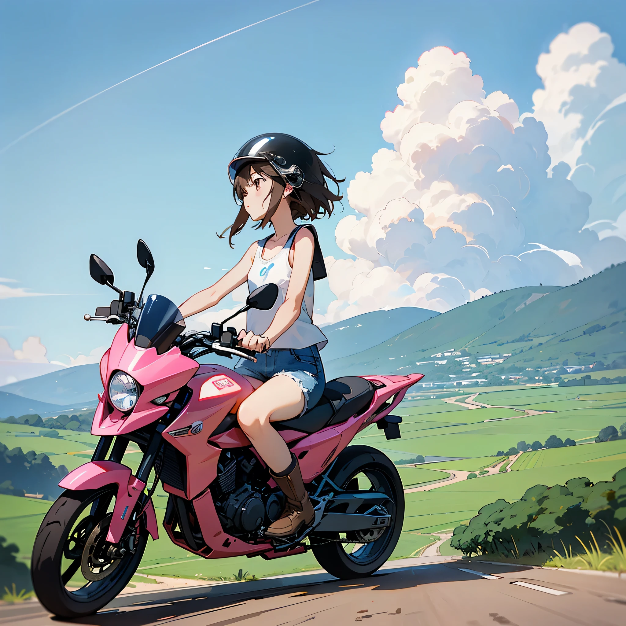 Highest quality、A girl is riding a motorbike、Dark brown short cut、He is wearing a jet helmet with white and black lines running down the center of the helmet from front to back.、White tank top、Pink riders jacket、Denim shorts、White knee-high socks、Brown work boots、Japanese countryside scenery、Road beside the stream、Small creek、Dirt Road、Weeds grow along the side of the road、Blue sky、White clouds floating、Early summer sky、