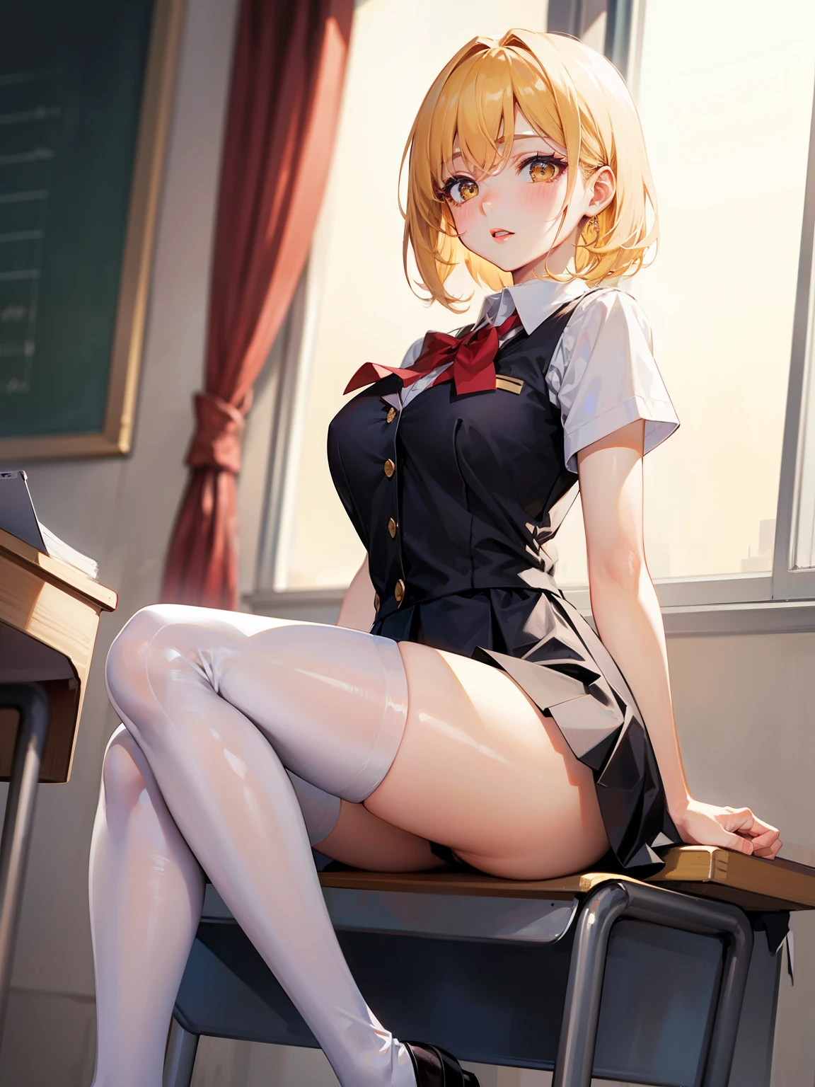 Dynamic posing, dynamic angle,Top quality work，Show Legs，Shiny cream Dress，(short golden hair)，(golden eyes), lovely red lips, Rose cheeks, Pretty Face, A perfectly proportioned face, school shirt and skirt, (school uniform), white stockings，in classroom，full-body view，overall look is very erotic, amazing, Large round chest、Beautiful eye details、(Very slender eyes)、Beautiful eyelashes、beautiful double eyelid, Shy, with blush cheeks,