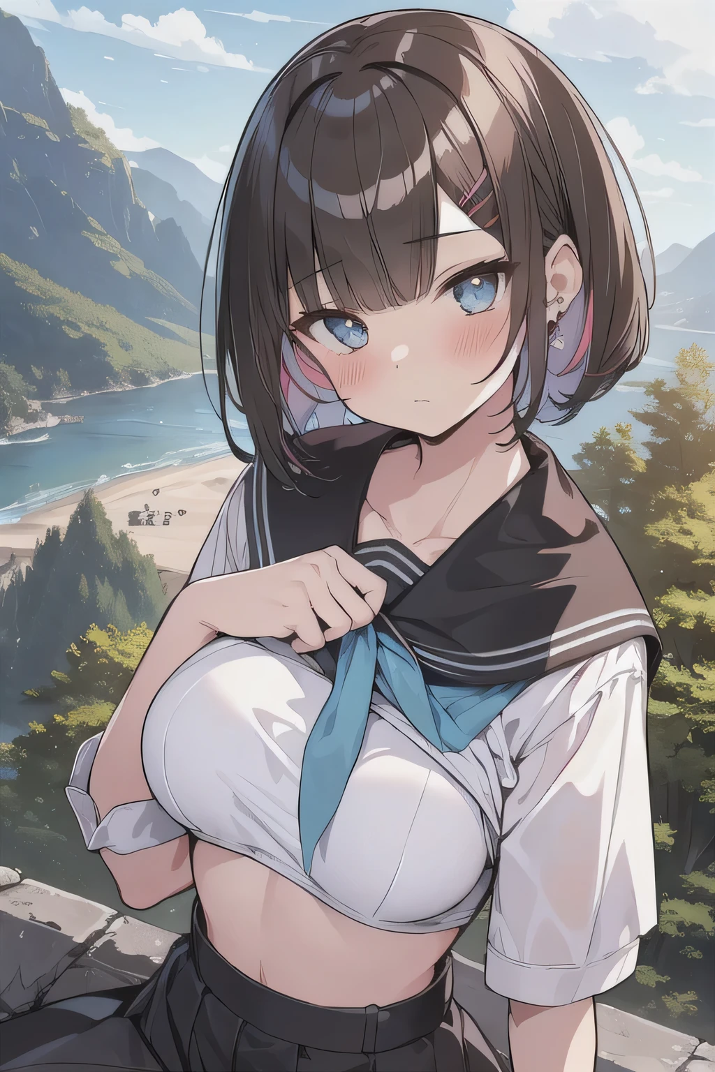 (best quality), (Super detailed), (Best Illustration), (masterpiece), (woman), upper body, look at viewer, sitting on cliff, {(white serafuku:1.2), (clothes lift:1.2), (show off bra:1.3)}, (large breasts), {(detailed eyes), (heart-shaped pupils), blue eyes}, {brown hair, (sideburns), (bob cut:1.3), curly hair, hairs between eyes, colored inner hair}, blush, earring, hair band