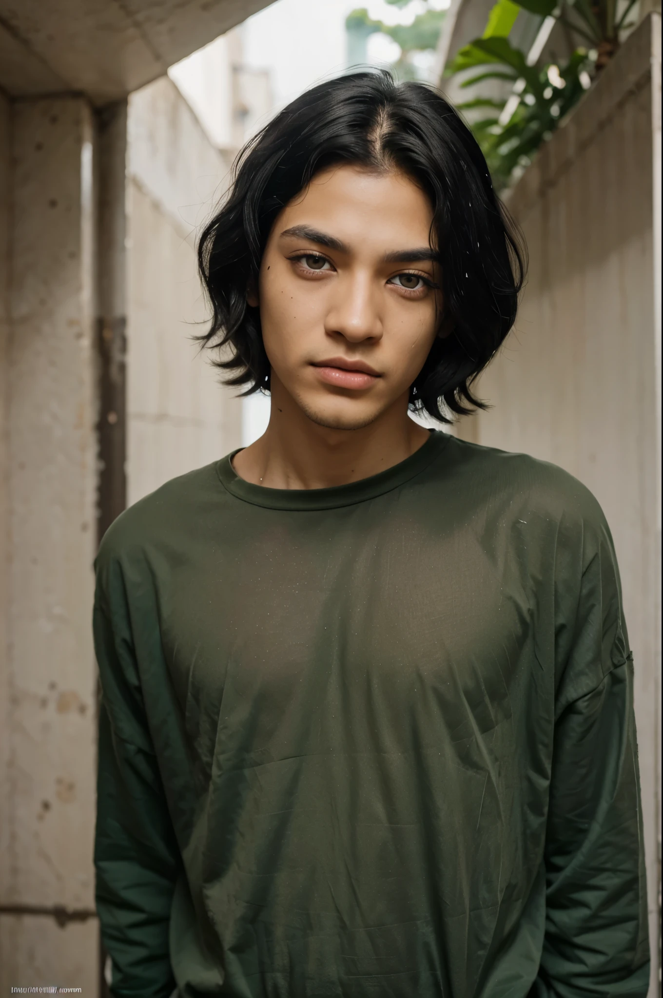 Slightly thin with light skin and thick black hair, ojos verde, His eyelashes are long and broken, just like his hair, they stand out on his face, making his eyes deep.. Mide 142 cm.