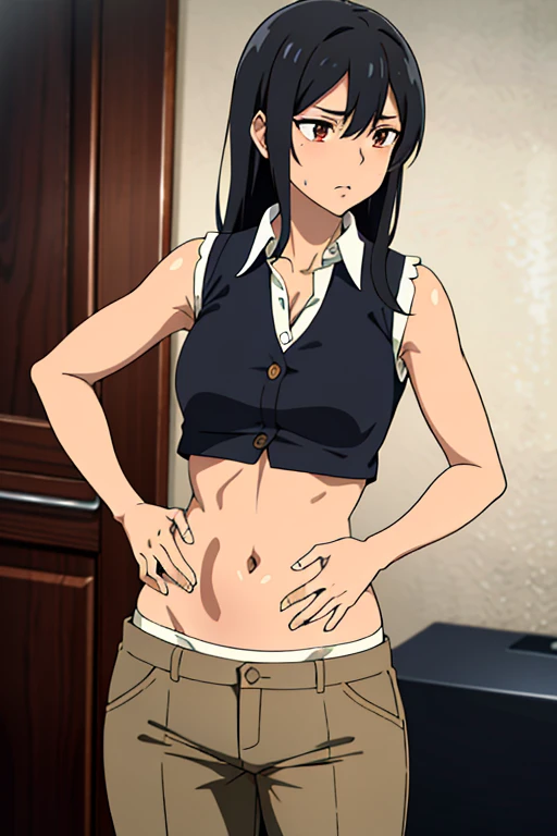 (masterpiece, top quality, best quality), brown skin anime girl with collared sleeveless button-down shirt and trousers, famished in hunger, (gently resting hands on stomach), (sweating), (long black hair), (hands on her stomach)