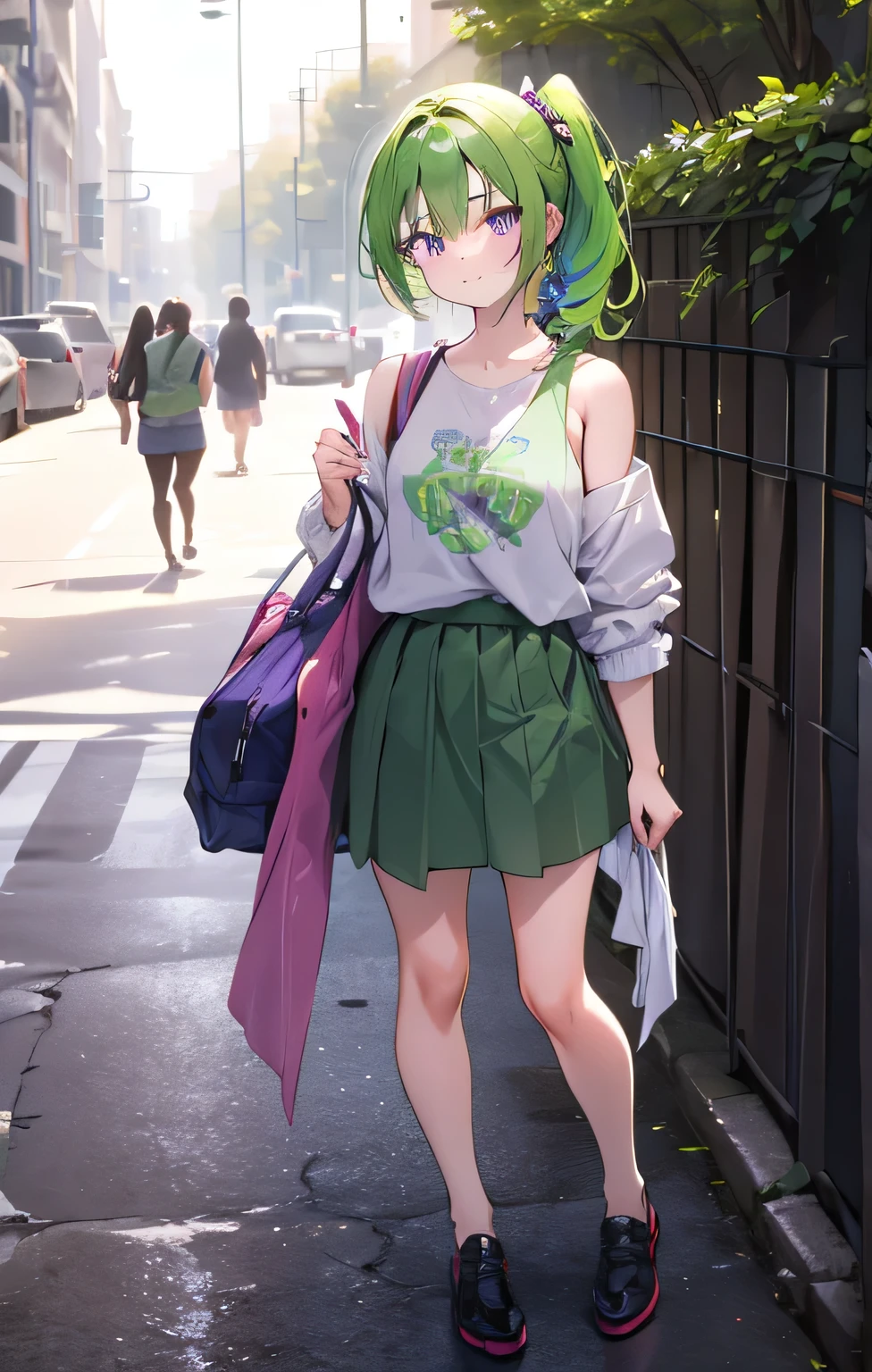 Pale green short-haired ,Three No Girls,Casual wear,Now under the empty street lights,Petite and cute,Purple Eyes,150cm height,Light green single ponytail,front,full-body shot