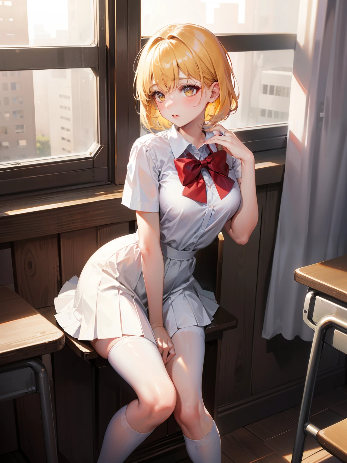 Dynamic posing, dynamic angle,Top quality work,Show Legs,Shiny cream Dress,(short golden hair),(golden eyes), lovely red lips, Rose cheeks, Pretty Face, A perfectly proportioned face, school shirt and skirt, (school uniform), white stockings,in classroom,full-body view,overall look is very erotic, amazing, Large round chest、Beautiful eye details、(Very slender eyes)、Beautiful eyelashes、beautiful double eyelid, Shy, with blush cheeks,