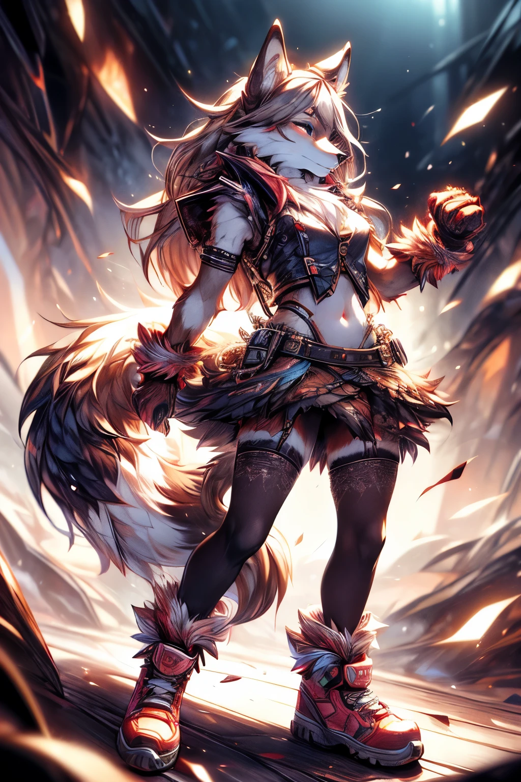 [best quality, shaded, extreme detail, highly detailed, ultra detailed, complex, realistic, perfect anatomy, full view], furry, wolf woman, fluffy fur and hair, colorful fur, fluffy tail, fur glove, fur vest , navel, short skirt, fur pencil skirt, fur tights, fur shoes,