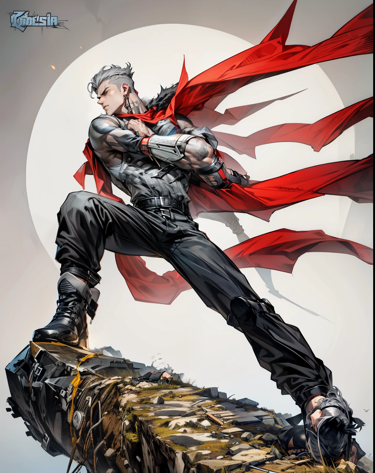 boys 26 Years old, Serious face, gray hair, wearing dark gray sleeveless shirt, black pants, high cut boots,