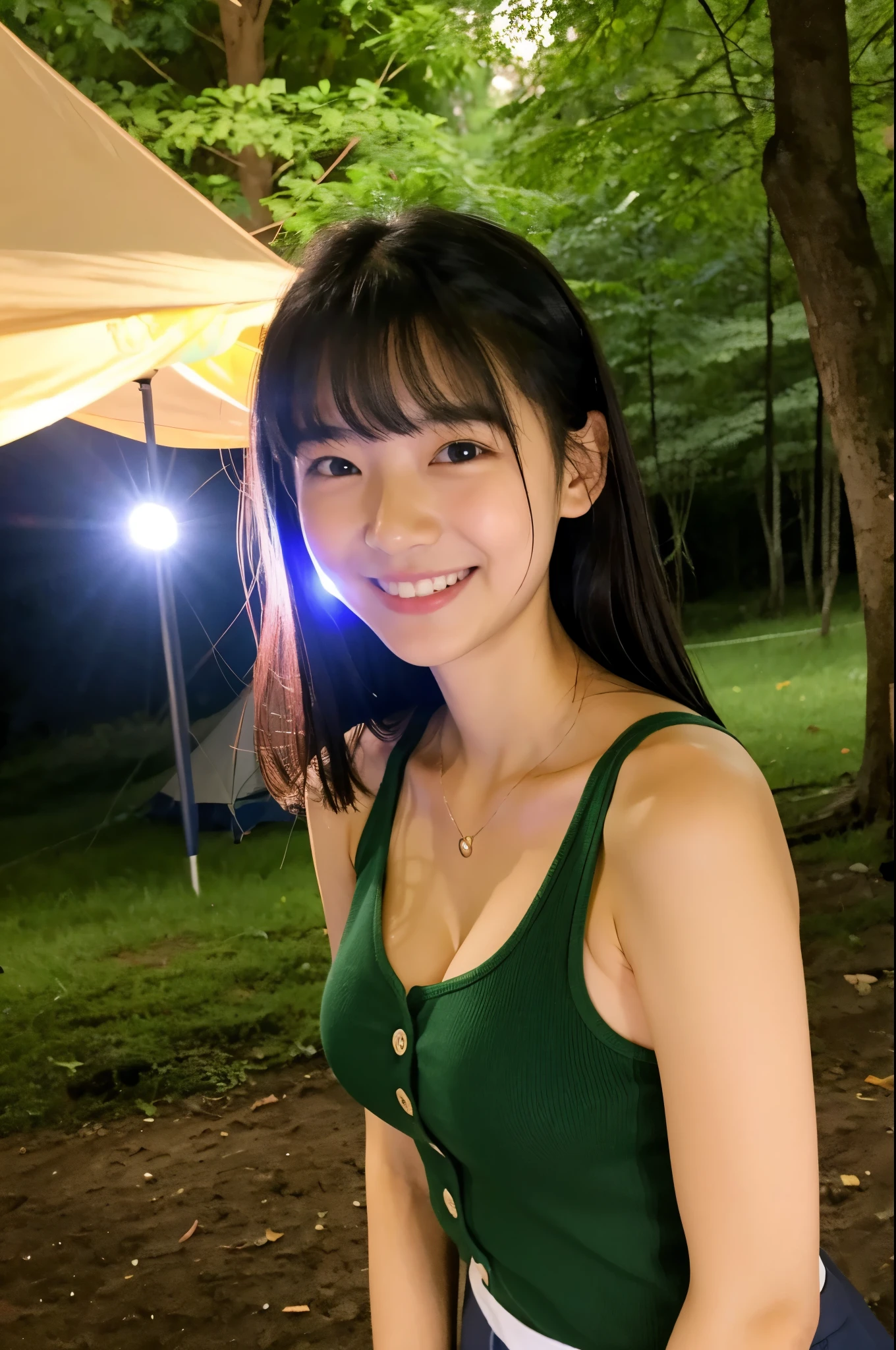 cute, アイドルのようにcute16歳少女、Smiling Kindly、Height: 150cm、Small breasts、Cleavage、Nipples are visible、uniform、Forest campsite at night、Dim lighting、bonfire、whole body、RAW Photos、Genuine、Real、Realスティック、Raw photo、High resolution、Life、No copyright notice