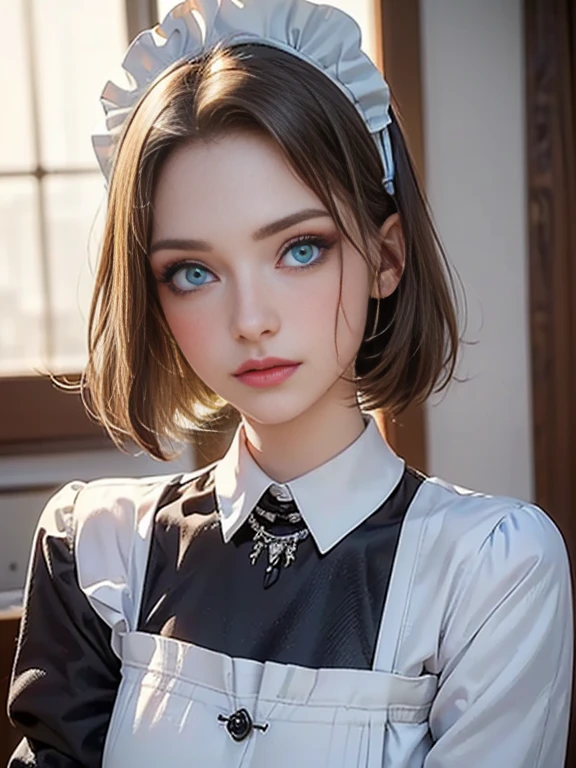 (best quality, 8k, photorealistic:1.5), (solo, one girl:1.5),(shine a bright light on women),(ultimate beautiful girl),(shiny skin),(oily skin),(short hairstyle:1.3),(cool beauty),(Blush brown makeup),(use pink glossy lipstick),(big beady eyes girl:1.5),(droopy eyes girl:1.5),(blue eyes:1.5),(Big Eyes),(baby face),(healthy body),(sweet smelling girl),(virgin girl),chuuChloe,(impressive eyes:1.5),(clean girl),(cute),(relaxing time),(compassion),(impurity),(love filled),(No love experience),(teenager:1.2),(Lovely),(Maid Costume:1.5)
