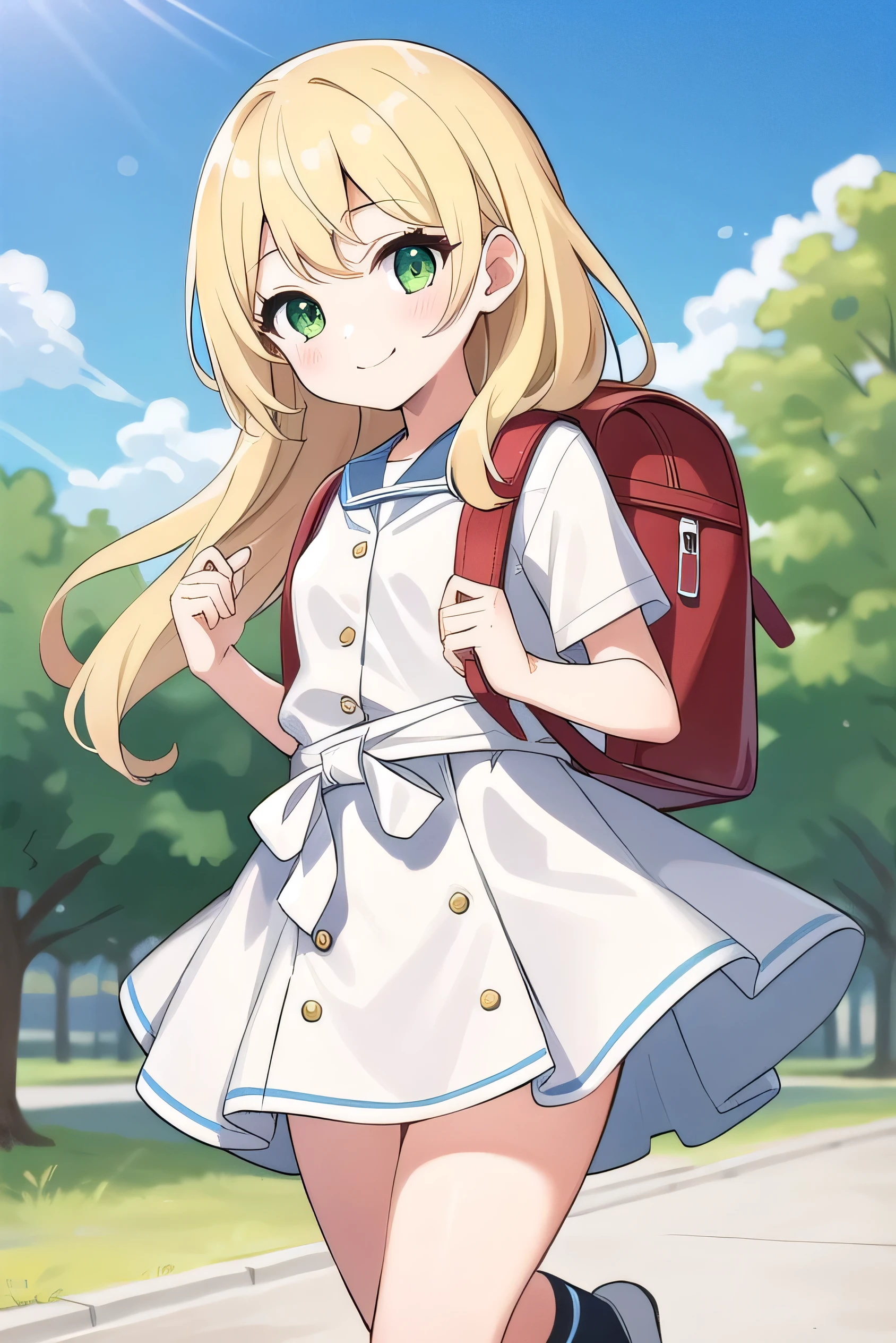 Blonde, elementary school student, green eyes, long hair to the waist, elementary school student, white clothes, white miniskirt, kind smile, park, short, 9 years old, 135cm tall, blue sky, red backpack, hair hanging outside