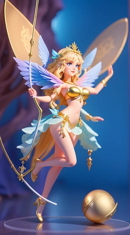 "Imagine a magical scene: Blonde Elegant Pixie, Bright blue eyes and a mysterious aura.Huge breasts, Showing cleavage,Perfect body,Her graceful figure, Slim waist,Curve symmetry, She was wearing a delicate baby doll dress,The skirt flows freely on her body, Capturing the essence of femininity and fantasy. On your back, Beautiful transparent wings spread out, Reflecting sunlight,Become an ethereal work of art. Holding a bow and arrow, She is fragile,It is also strength, Elegant and clever. This magical sight transports us to a magical realm where beauty and adventure blend together, The spirits are the essence of nature in its most charming form."