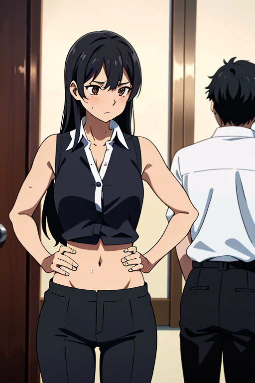 (masterpiece, top quality, best quality), brown skin anime girl with collared sleeveless button-down shirt and trousers, (few shirt buttons open), famished in hunger, (gently resting hands on stomach), (sweating), (long black hair), (hands on her stomach)