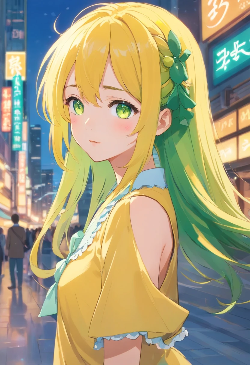 Yellow-green hair,Half Up,Light blue eyes,Yellow Lolita