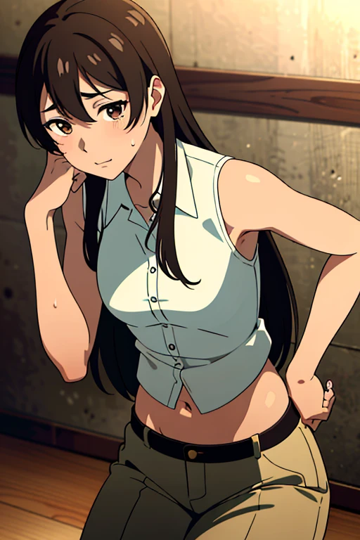 (masterpiece, top quality, best quality), brown skin anime girl with collared sleeveless button-down shirt and trousers, (few shirt buttons open), famished in hunger, (gently resting hands on stomach), (sweating), (long hair), (hands on her stomach)