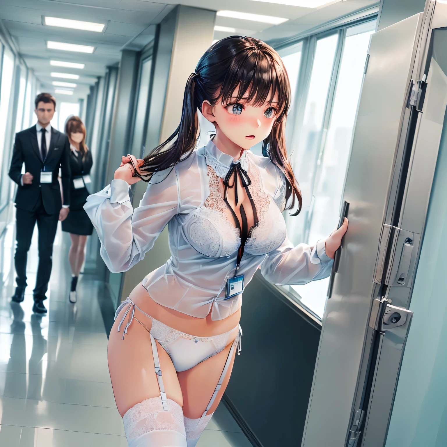 ((下着姿の女性はセクシーにOffice corridorを歩いている:1.4), ((highest quality)), (Super detailed), (Very detailed CG 統合 8k 壁紙), Very detailed, High resolution raw color photos, Professional photography, Brown Hair, Twin tails, Great face and eyes, Slender body, (Stunningly beautiful woman), (Detailed face:1.2),(Office corridor, Many business people walking down the corridor, There is a window in the hallway:1.3), (Stylish lingerie in white with black lace decoration on white fabric), , (A white bra with black lace on a white fabric.), ((Stylish white satin side-tie panties with lavish embellishments), (White panties with black lace on white fabric)), garter belt, Knee socks, Exact number of arms, Exact number of legs, Perfect Anatomy, (Embarrassed expression, Surprised expression), Angle from the front, (Employee ID card from the neck:1.3)
