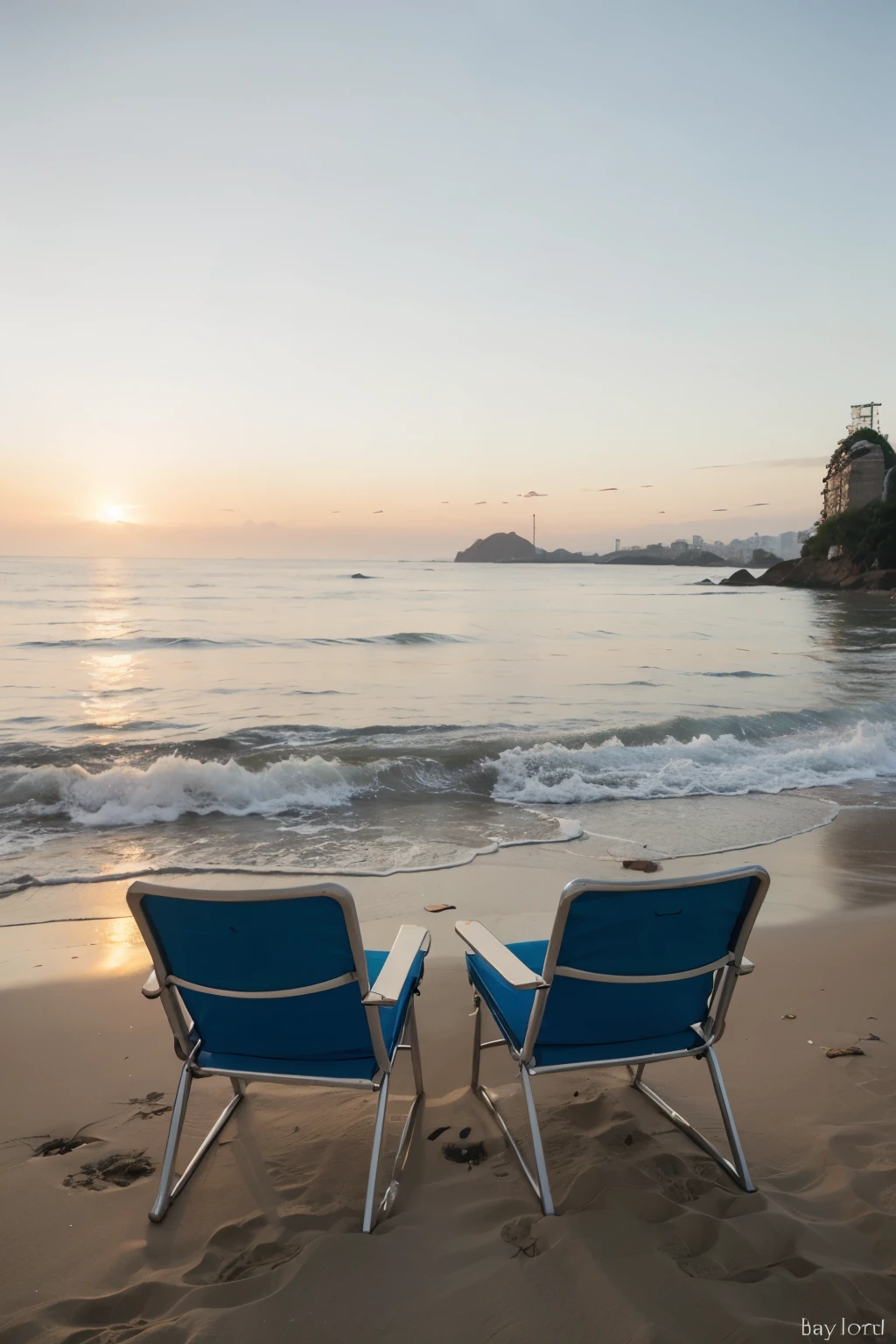 Realistic photo of two chairs on a Rio de Janeiro beach at the sunrise
