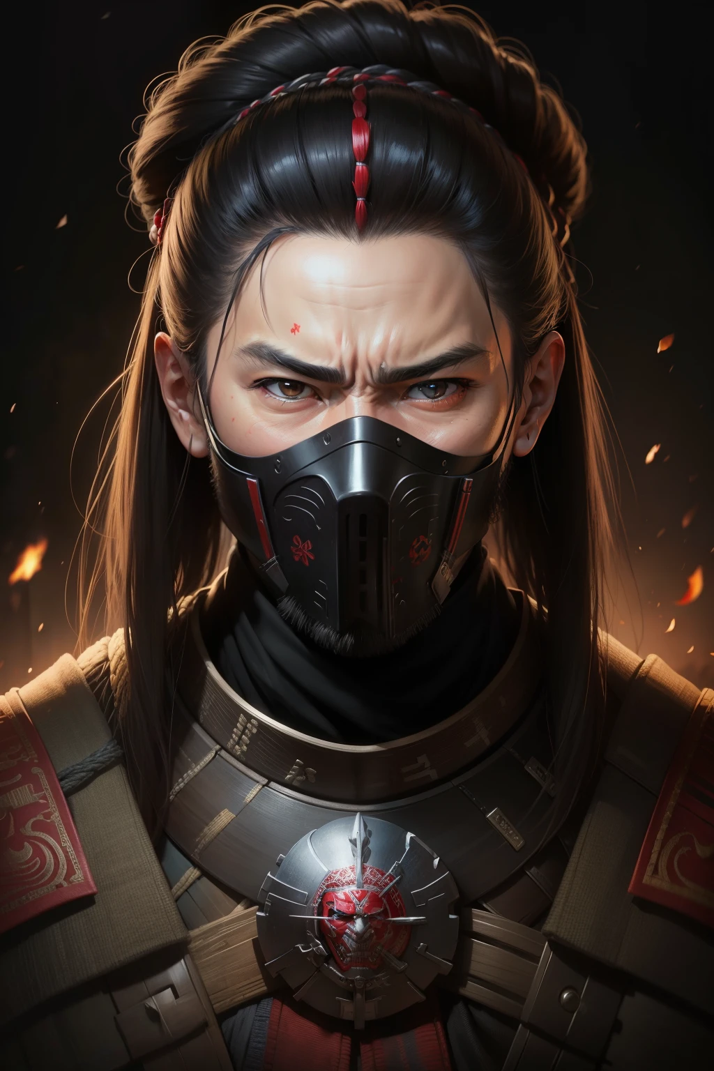Retrato realista en primer plano ultra HD，A samurai with a war mask., arrugas ,Las expresiones faciales muestran emociones fuertes.