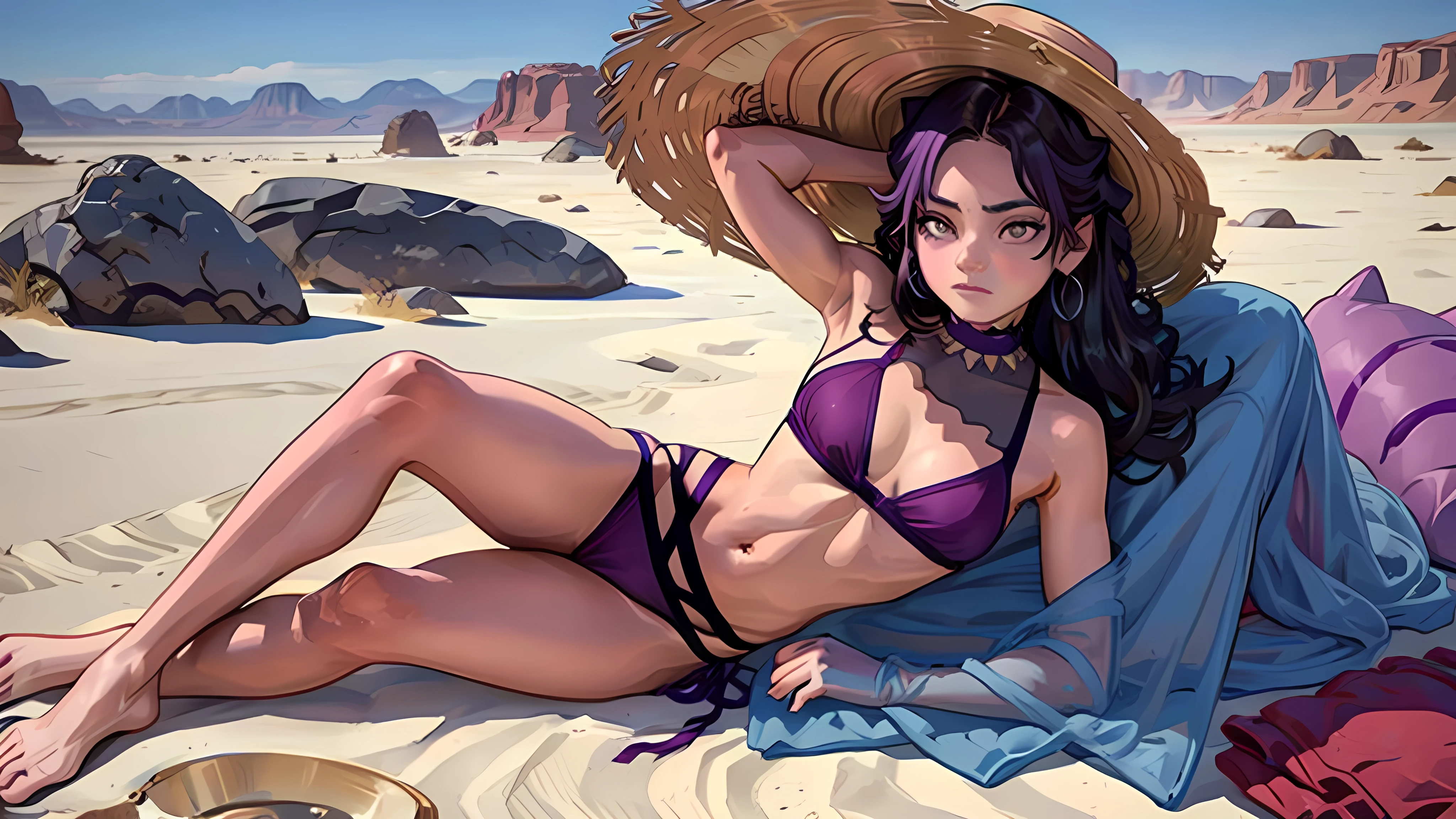 chica en bikini violeta en el medio del desierto. paisaje hermoso. obra maestra