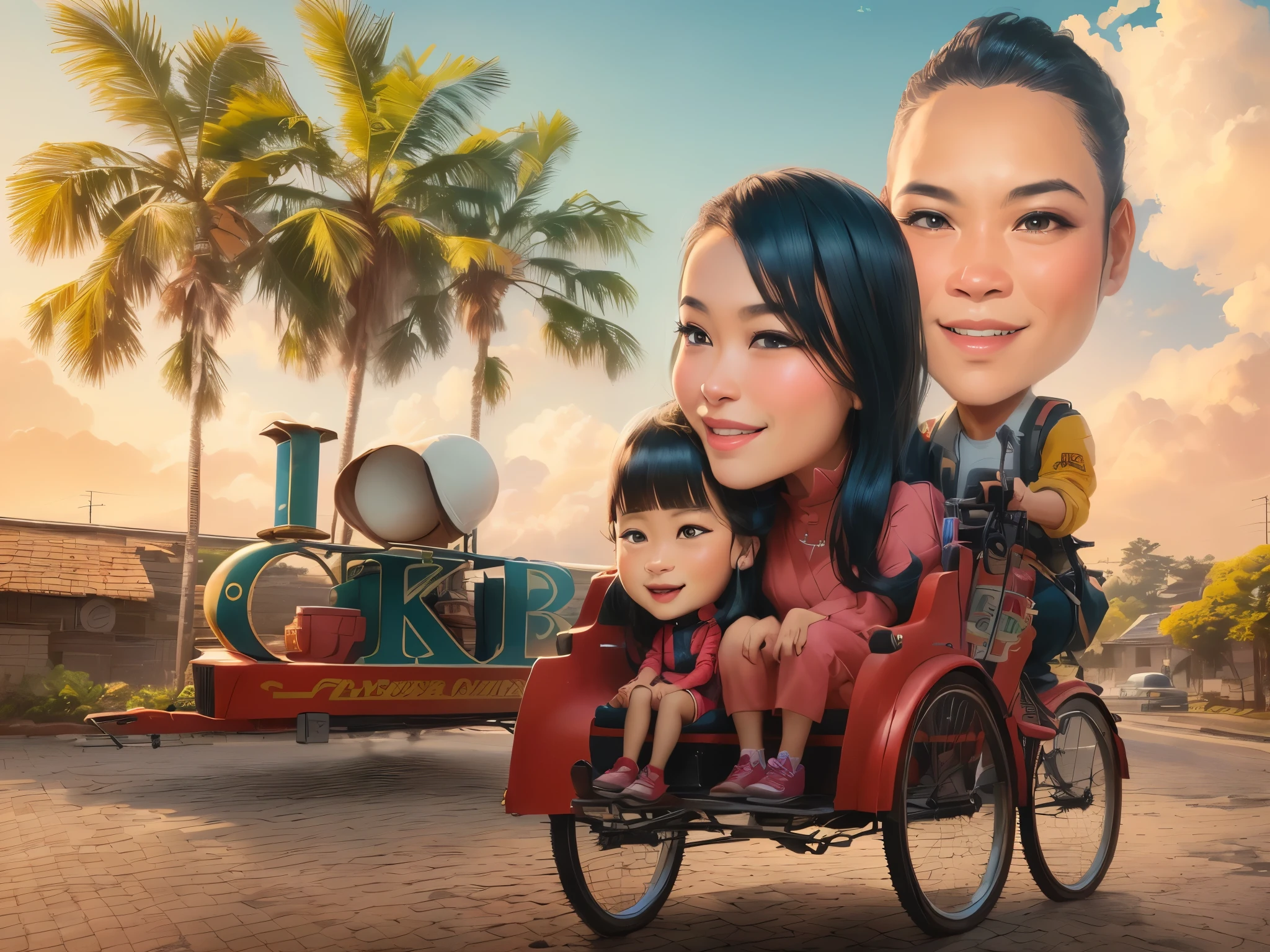 arafed picture of a family riding a pedicab with a caricature of them, father mother and sister, illustration 8 k, official poster, caricature illustration, official illustration, 8 k cartoon illustration, official fanart, official artwork, official artwork hdr, an indonesian family portrait, inspired by Rudy Siswanto, complex background, fanart, promotional artwork, trailer, promotional art, foto