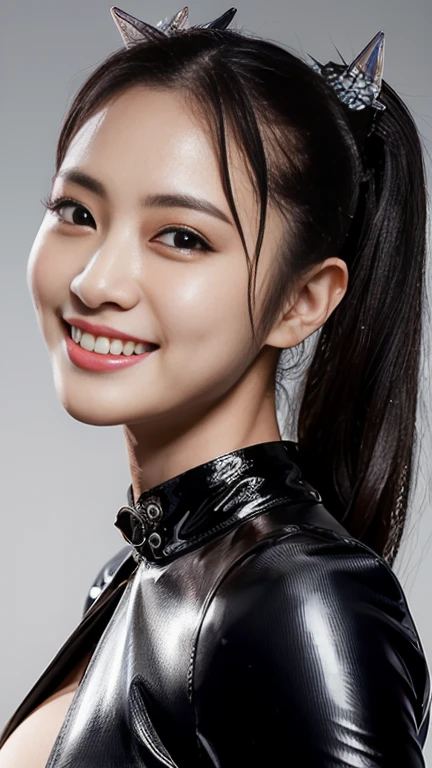 8K images, highest quality, masterpiece, Realistic, Realistic, High resolution, Ray Tracing, 1 sexy woman, Shapely large breasts, Detailed skin texture, Long Hair, Straight hair, (View your viewers)、Erotic smile、Protruding nipples、A shiny, wet black latex suit that is too small and cuts into her body、A bow tie、Bending over backwards and sticking out her buttocks to the viewer