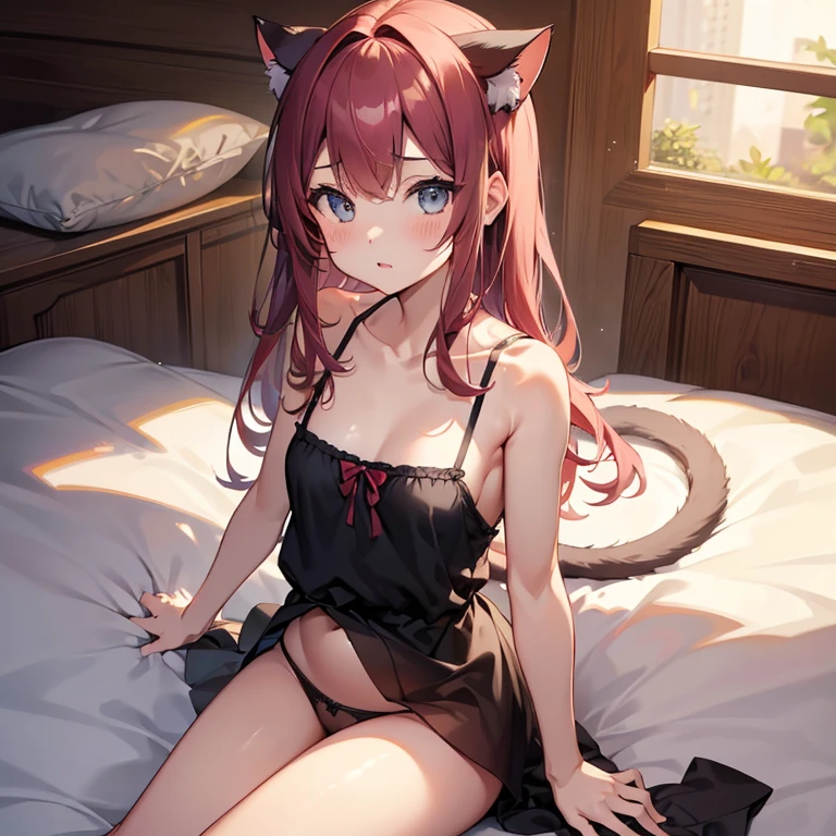 highest quality、Super resolution video、8K、Delicate depiction、１Cat-eared girl、Oversized camisole、Panties、The hairstyle and hair color change randomly.、Sexy pose、Small breasts（:1.6）、Estrus、