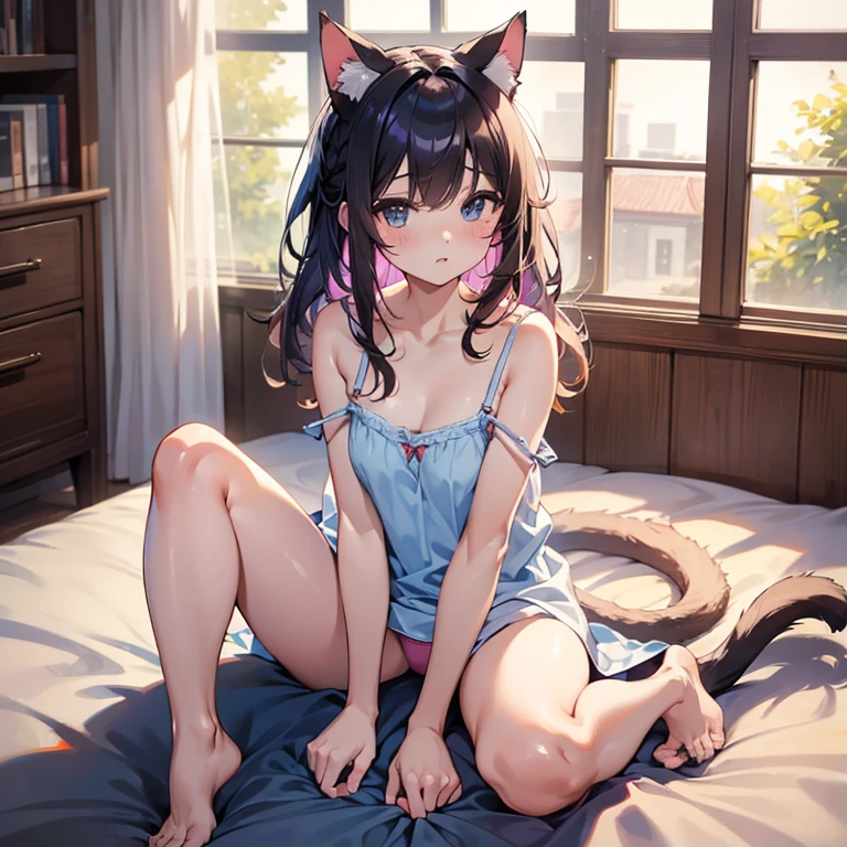 highest quality、Super resolution video、8K、Delicate depiction、1Cat-eared girl、Oversized camisole、Panties、The hairstyle and hair color change randomly.、Sexy pose、Small breasts(:1.6)、Estrus、