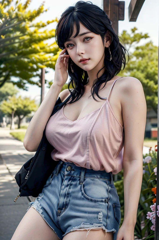 Best Quality, Masterpiece, Ultra High Resolution, (Realistic: 1.4), Original Photo, Side Light, Fine Beautiful Eyes: 1.2, Masterpiece* Portrait, Realism, 1 Girl, Ultra Detailed , perfeck ,Hinata Hyuga ,photo realistic,anime realistic,realisticstayl, in Boruto anime, short hair,, smile, beautiful, sexy body, sexy clothes, wearing red glasses, very big breasts, realistic clothes, detailed clothes, outdoor background, very detailed, character realistic, beautiful blushing face, beautiful teenager, cute face, perfect, glowing skin,