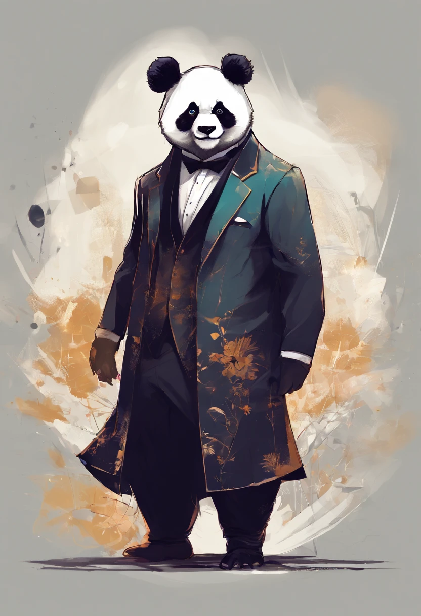 anthropomorphic panda, de cuerpo entero, vestido formalmente con un blazer, sostiene una bandeja, pegatina de panda, sticker de panda.