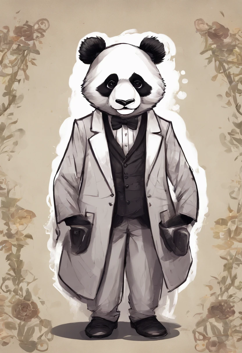 anthropomorphic panda, de cuerpo entero, vestido formalmente con un blazer, sostiene una bandeja, pegatina de panda, sticker de panda.