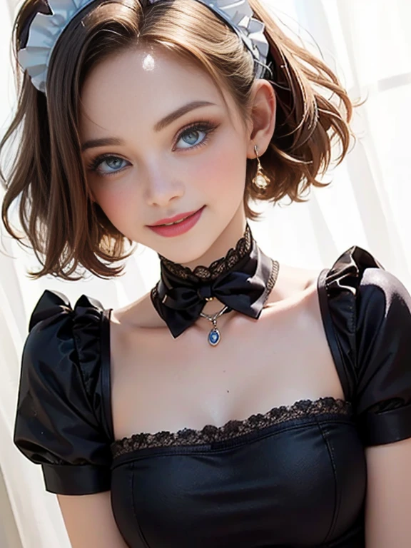 (best quality, 8k, photorealistic:1.5), (solo, one girl:1.5),(shine a bright light on women),(ultimate beautiful girl),(shiny skin),(oily skin),(short hairstyle:1.3),(cool beauty),(Blush brown makeup),(use pink glossy lipstick),(big beady eyes girl:1.5),(droopy eyes girl:1.5),(green eyes),(Big Eyes),(),(healthy body),(sweet smelling girl),(virgin girl),chuuChloe,(impressive eyes:1.5),(clean girl),(cute),(relaxing time),(compassion),(impurity),(love filled),(No love experience),(teenager:1.2),(Lovely),(Maid Costume:1.5),(smile:1.5)