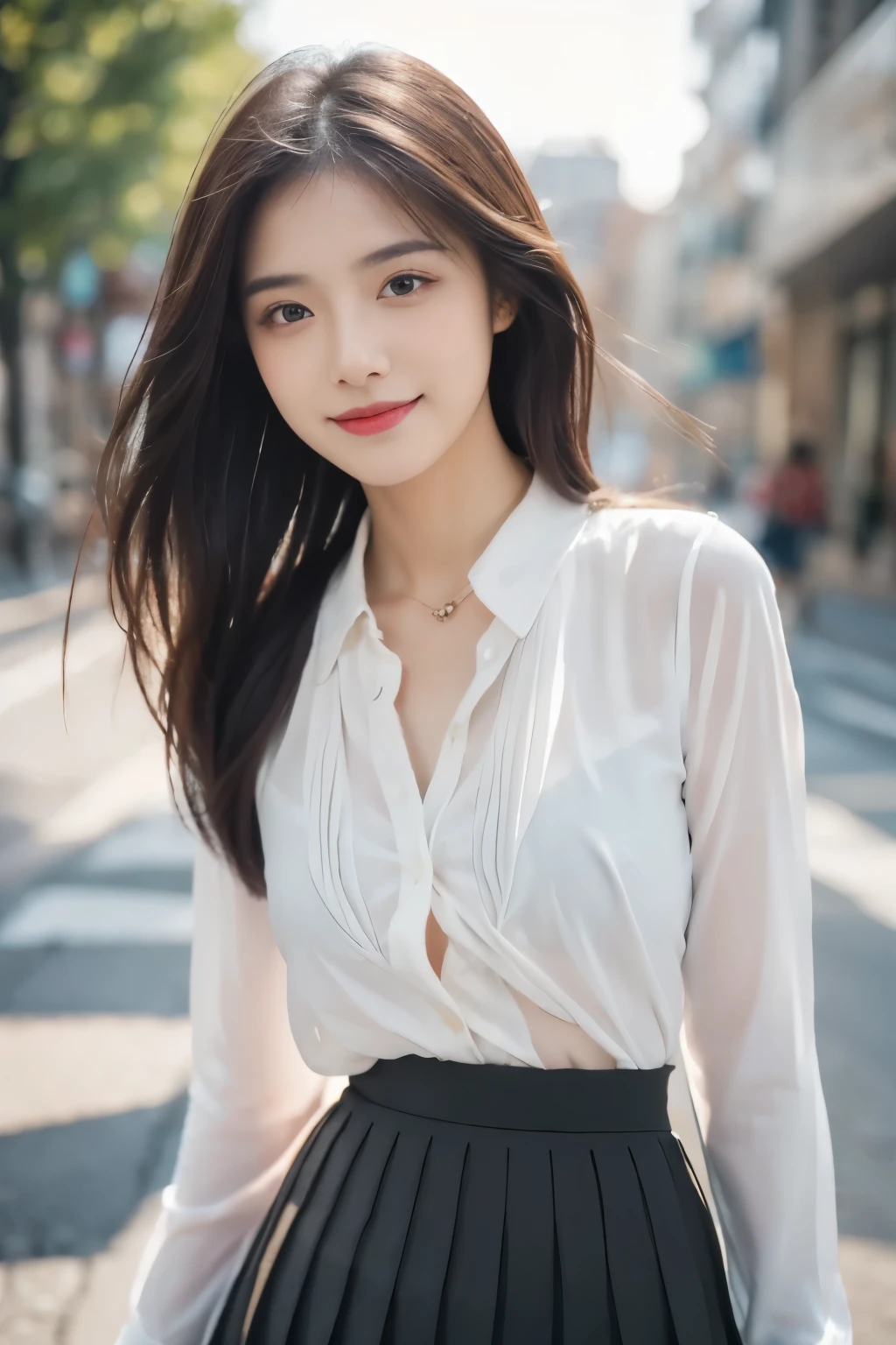 masterpiece, Best quality, Ultra-high resolution, High detail photos, Unity 8K Wallpaper, Extremely detailed CG:1.2), Depth of Field, Bokeh, (original photo:1.Realistic Photography:1.4), (1 Girl:1.5), young, Physically based representation, fair, (Exquisite facial details:1.4, Detailed clothing), (detailed:1.4) named (Hidemi Fukada:1.1) rest Cara hermosa, Depth of Field, Add layer, hyper-realistic, 27 years old, Perfect body model, Perfect breasts, Height 175 cm, Strike sexy poses, whole body, whole body, Model body type, rest (White Button-Down Shirt,Black pleated skirt,:1.3), (long hair:1.2), doble parpado rest city streets, Blurred background, Lovely smile, The wind blows her hair